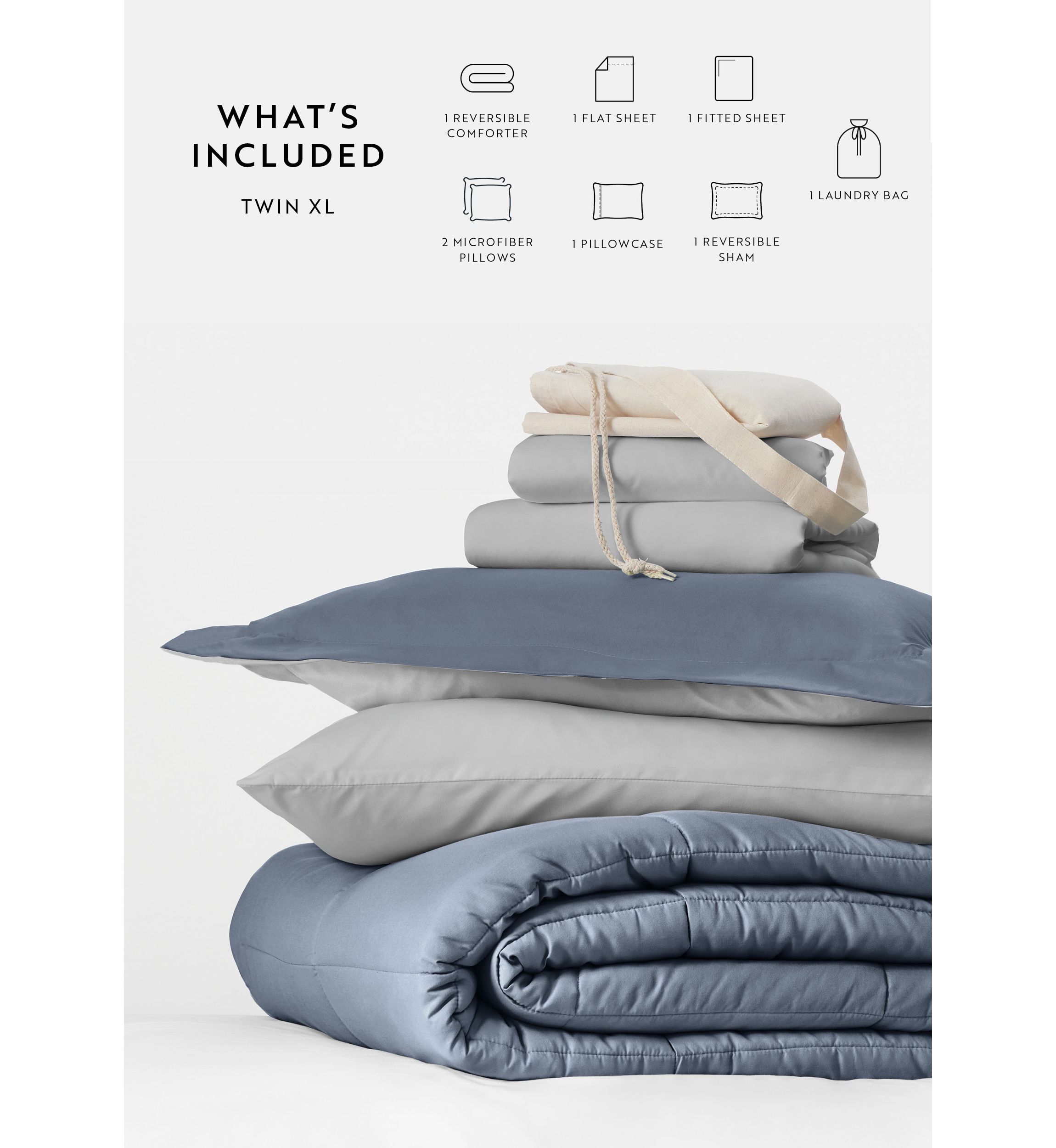 Ultimate College Essentials Bedding Bundle, Reversible Comforter Set, Patterned Sheet Set, Pillows and Laundry Bag