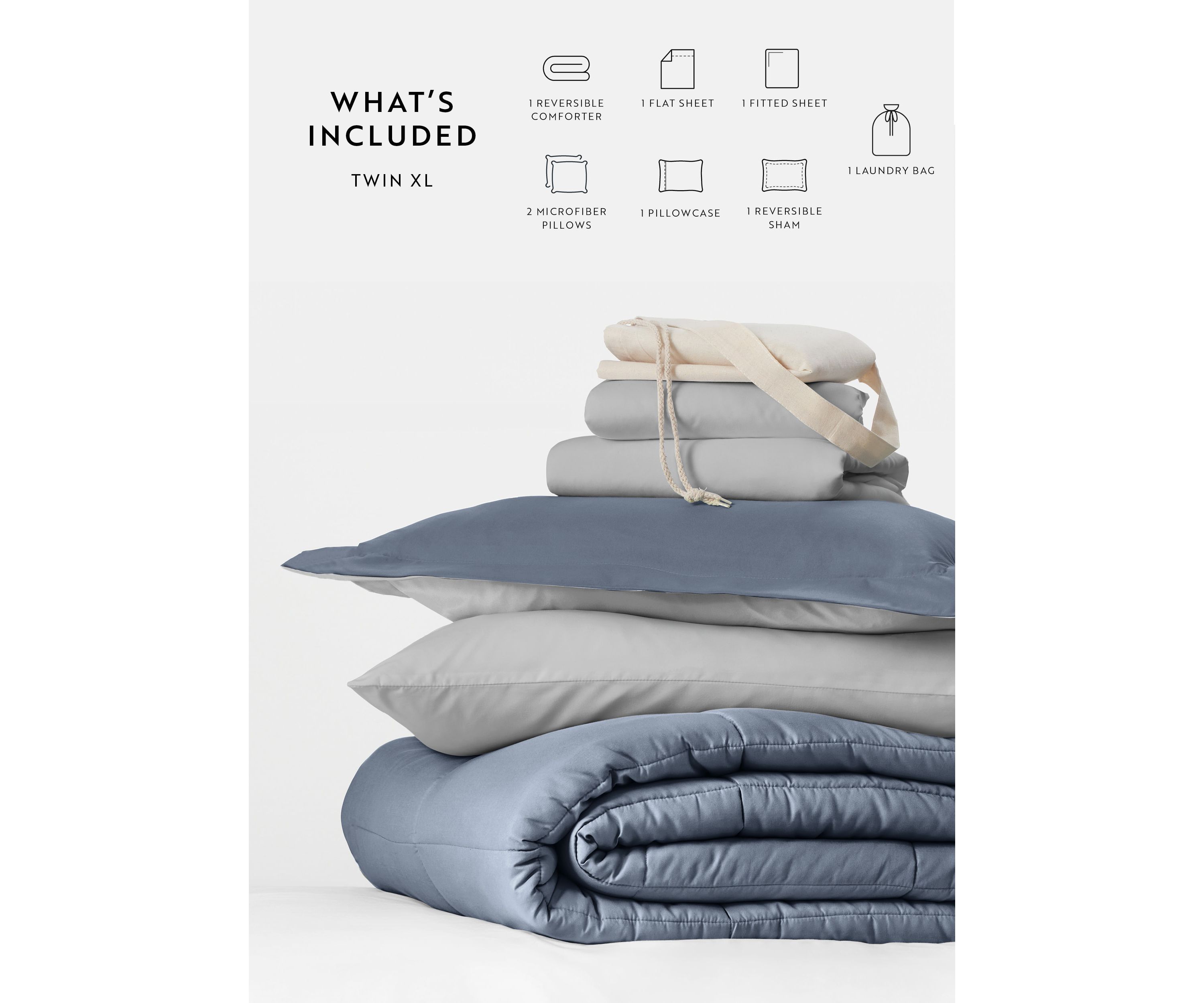 Ultimate College Essentials Bedding Bundle, Reversible Comforter Set, Patterned Sheet Set, Pillows and Laundry Bag