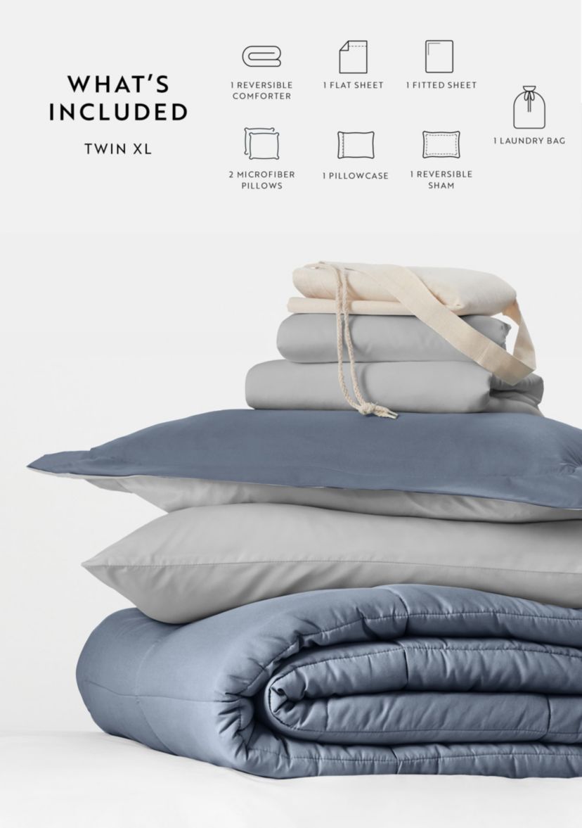 Ultimate College Essentials Bedding Bundle, Reversible Comforter Set, Patterned Sheet Set, Pillows and Laundry Bag