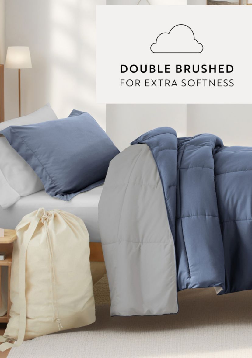 Ultimate College Essentials Bedding Bundle, Reversible Comforter Set, Patterned Sheet Set, Pillows and Laundry Bag