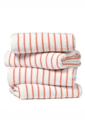 Luxury Inn 4-Pack 100% Cotton Navy Stripe Cabana Beach Towels, Coral