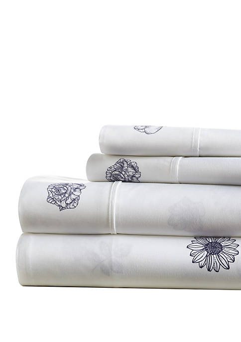 Premium Ultra Soft Indigo Flowers Pattern 4 Piece Bed Sheet Set