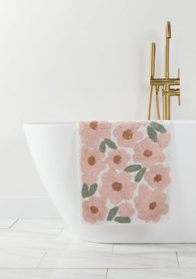 Luxury Inn 100% Cotton Floral Patterned Bath Mat, Pink, 21 x 34