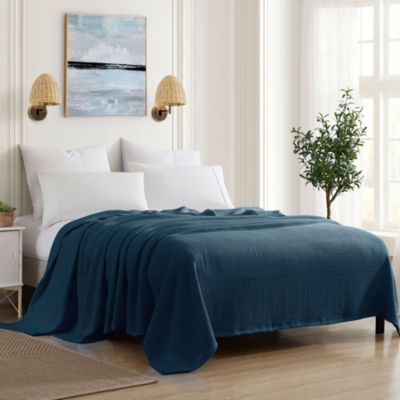 Sweet Home Collection Grand Hotel 100% Cotton Houndstooth Stitch Pattern Woven Blanket, Navy Blue, Full/Queen