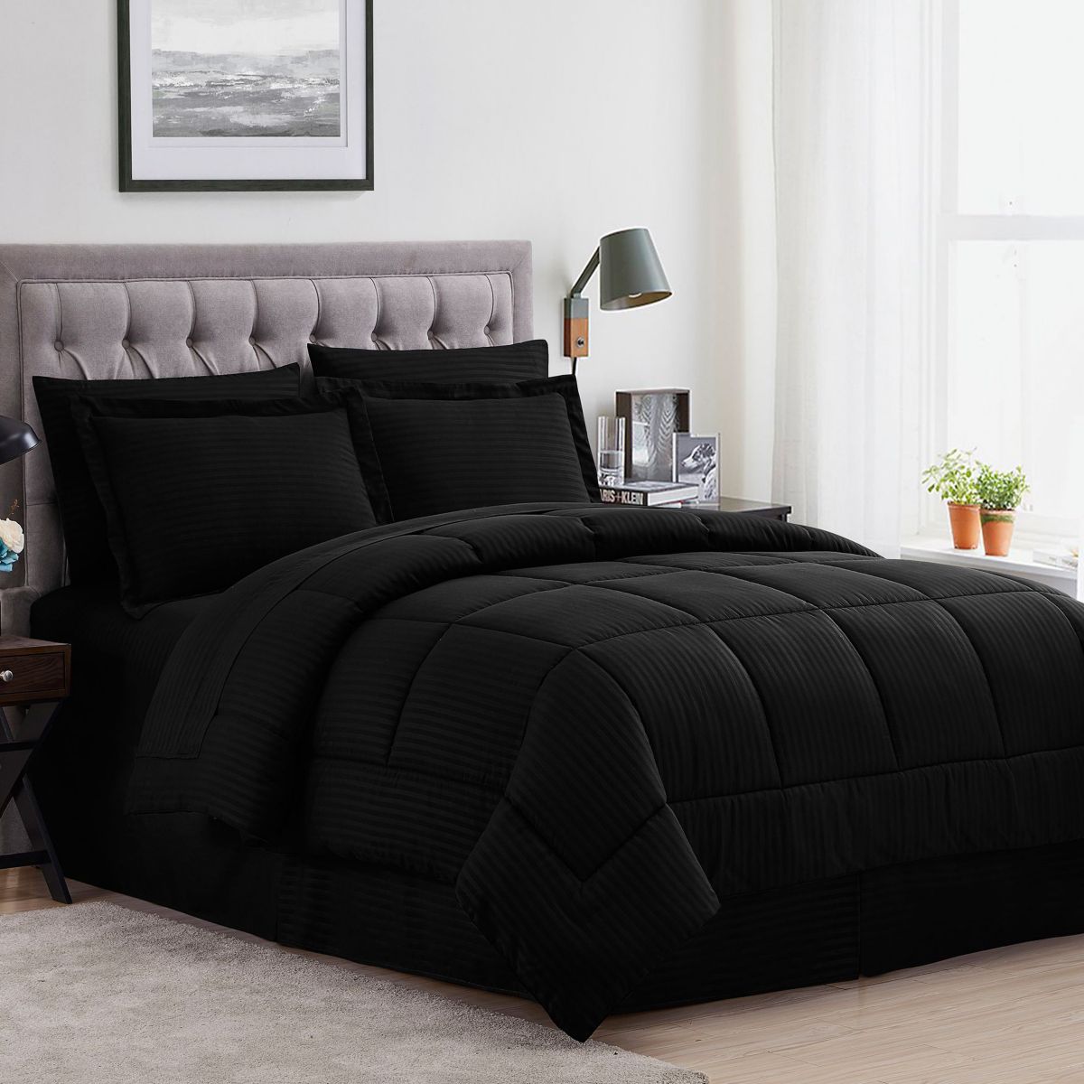 8 Piece Bed In A Bag Hotel Dobby Embossed Comforter Sheet Bed Skirt Sham Set