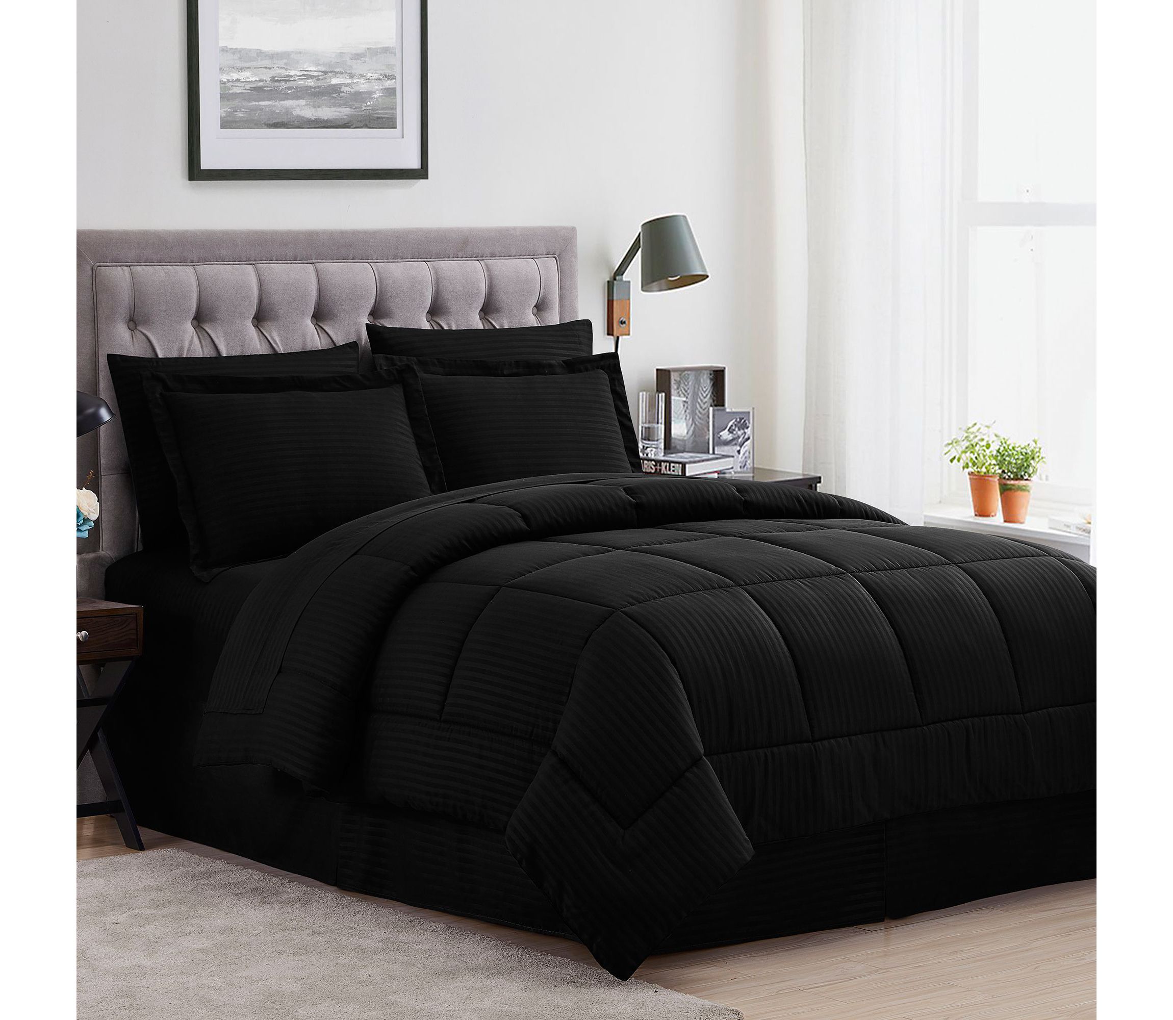 8 Piece Bed In A Bag Hotel Dobby Embossed Comforter Sheet Bed Skirt Sham Set