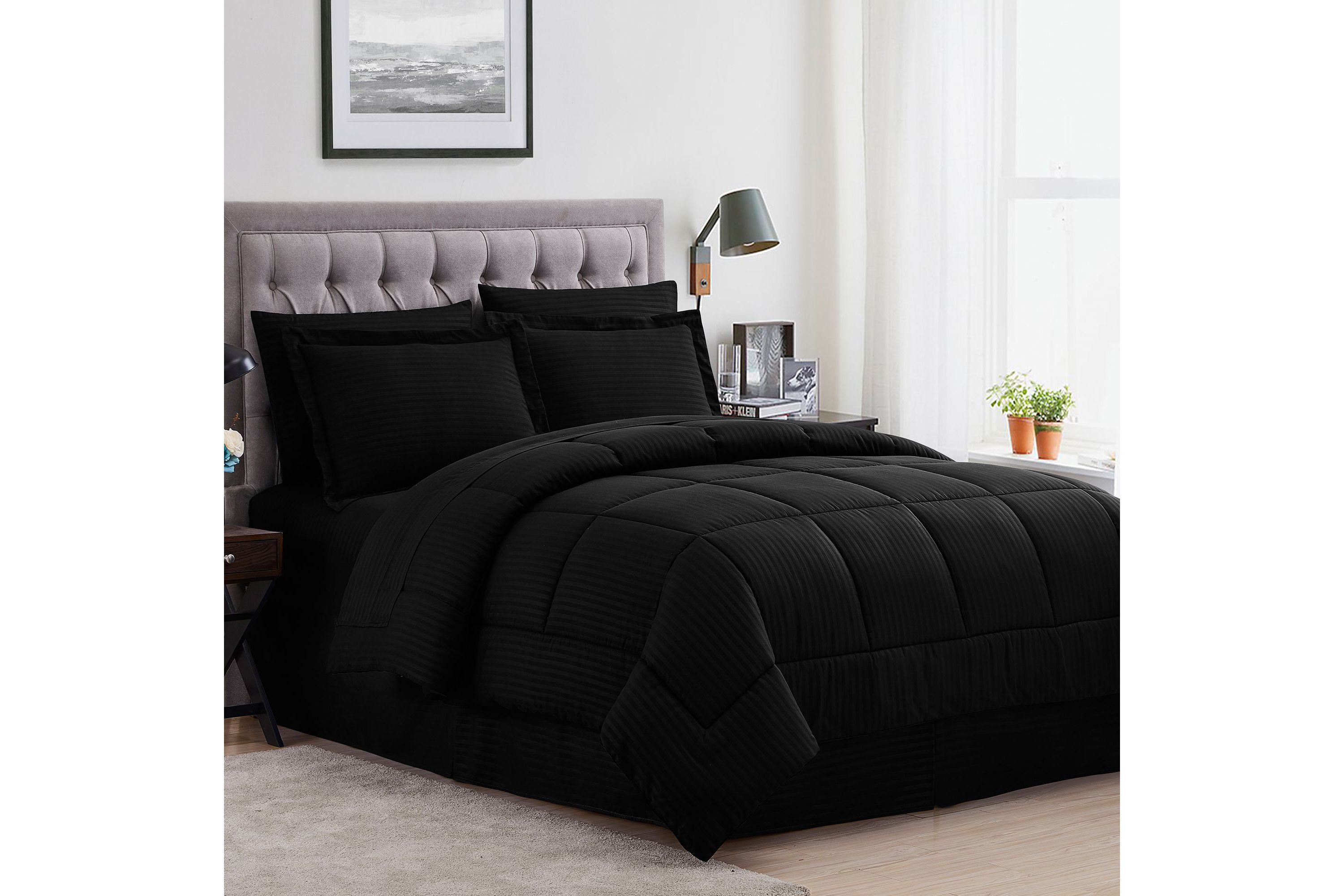 8 Piece Bed In A Bag Hotel Dobby Embossed Comforter Sheet Bed Skirt Sham Set