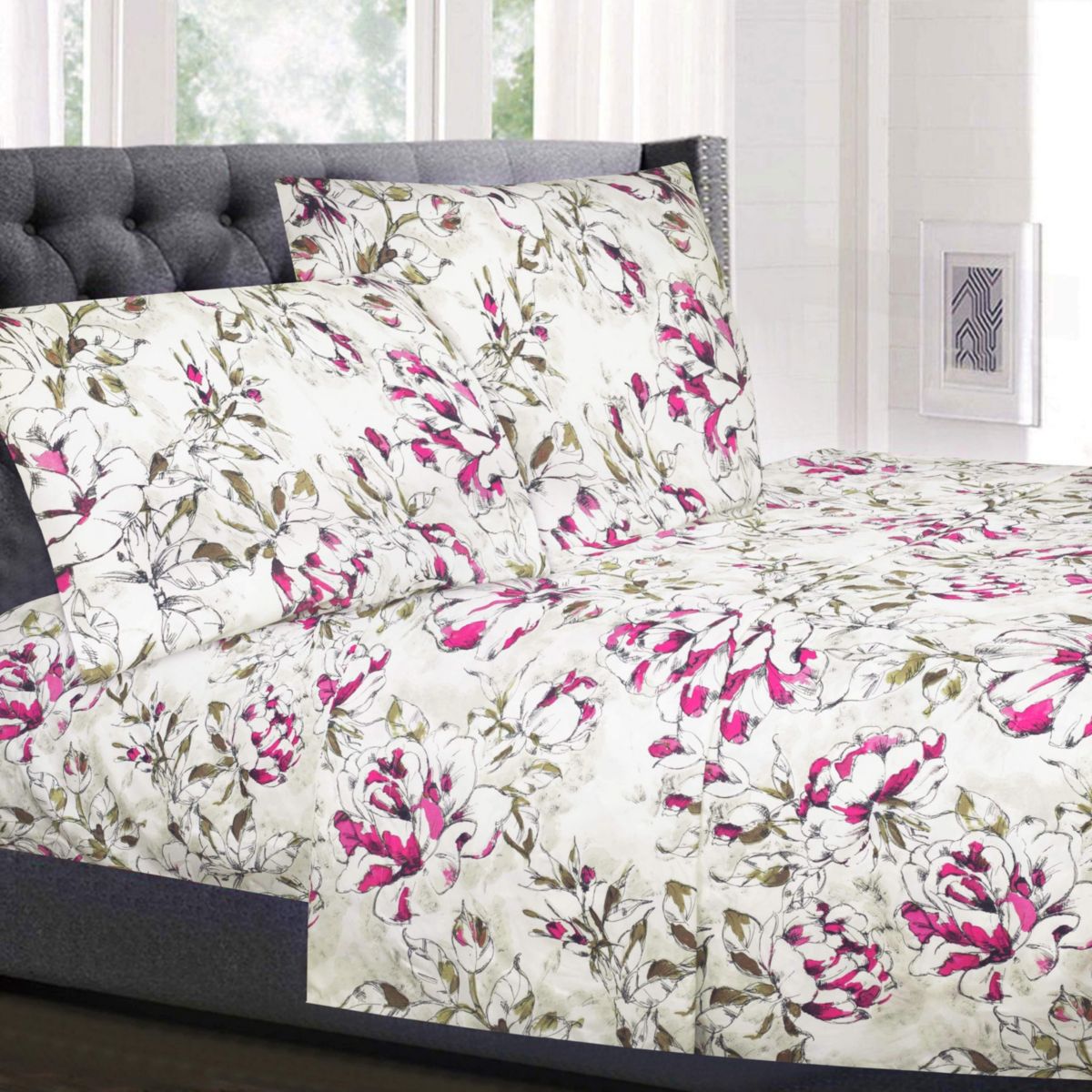 Dolce Sage/Purple Floral Printed 4-Piece Microfiber Sheet Set