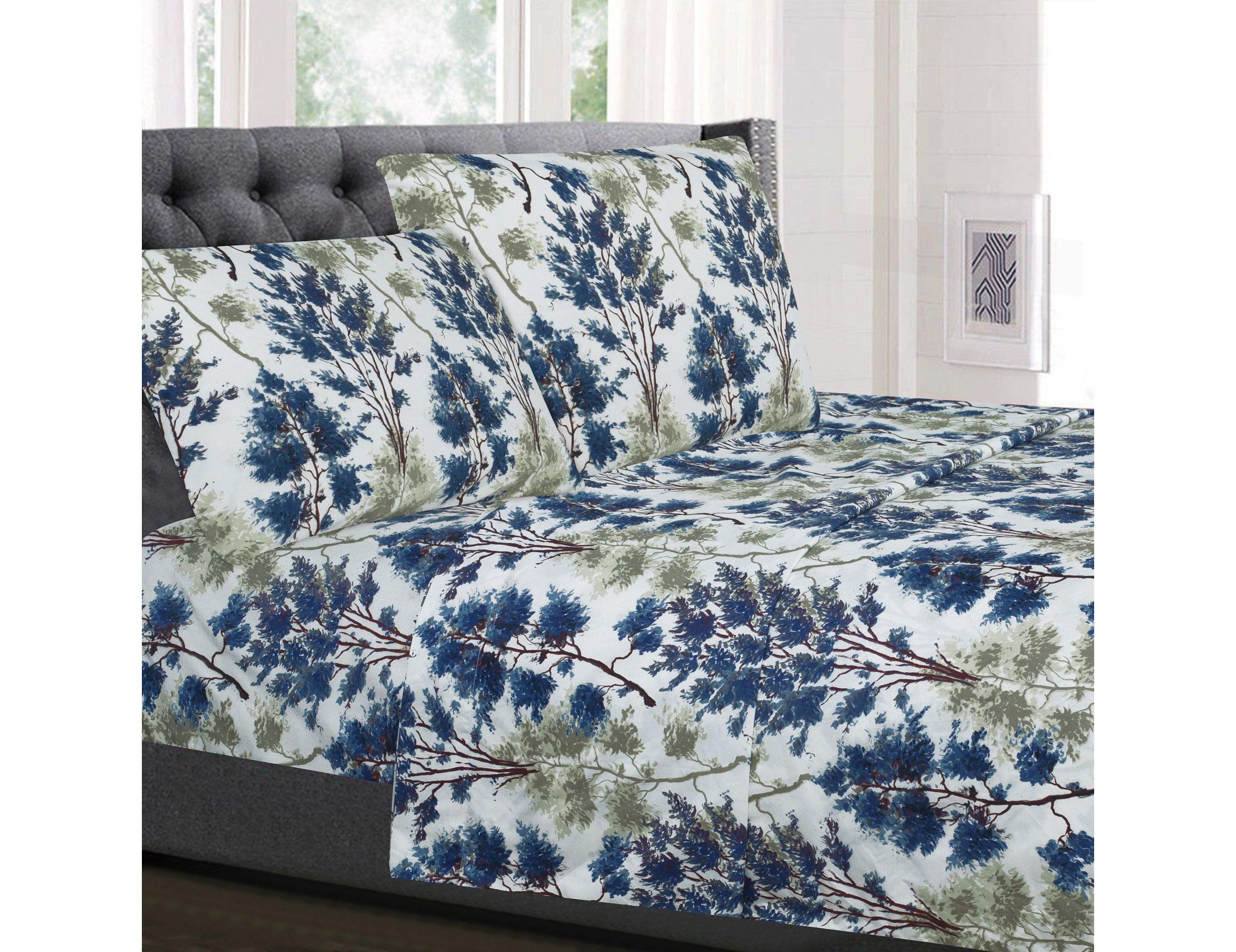 Florence Blue/Green Floral Print 4-Piece Microfiber Sheet Set