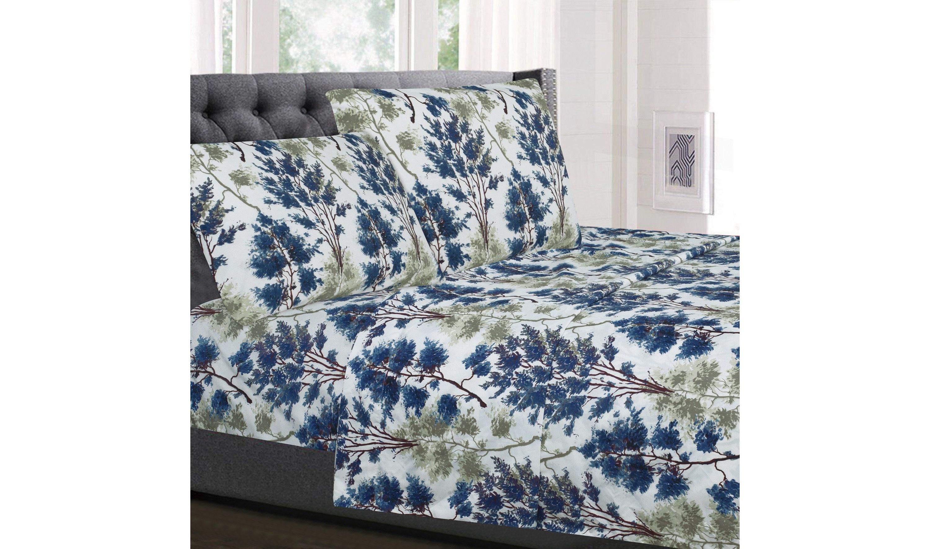 Florence Blue/Green Floral Print 4-Piece Microfiber Sheet Set