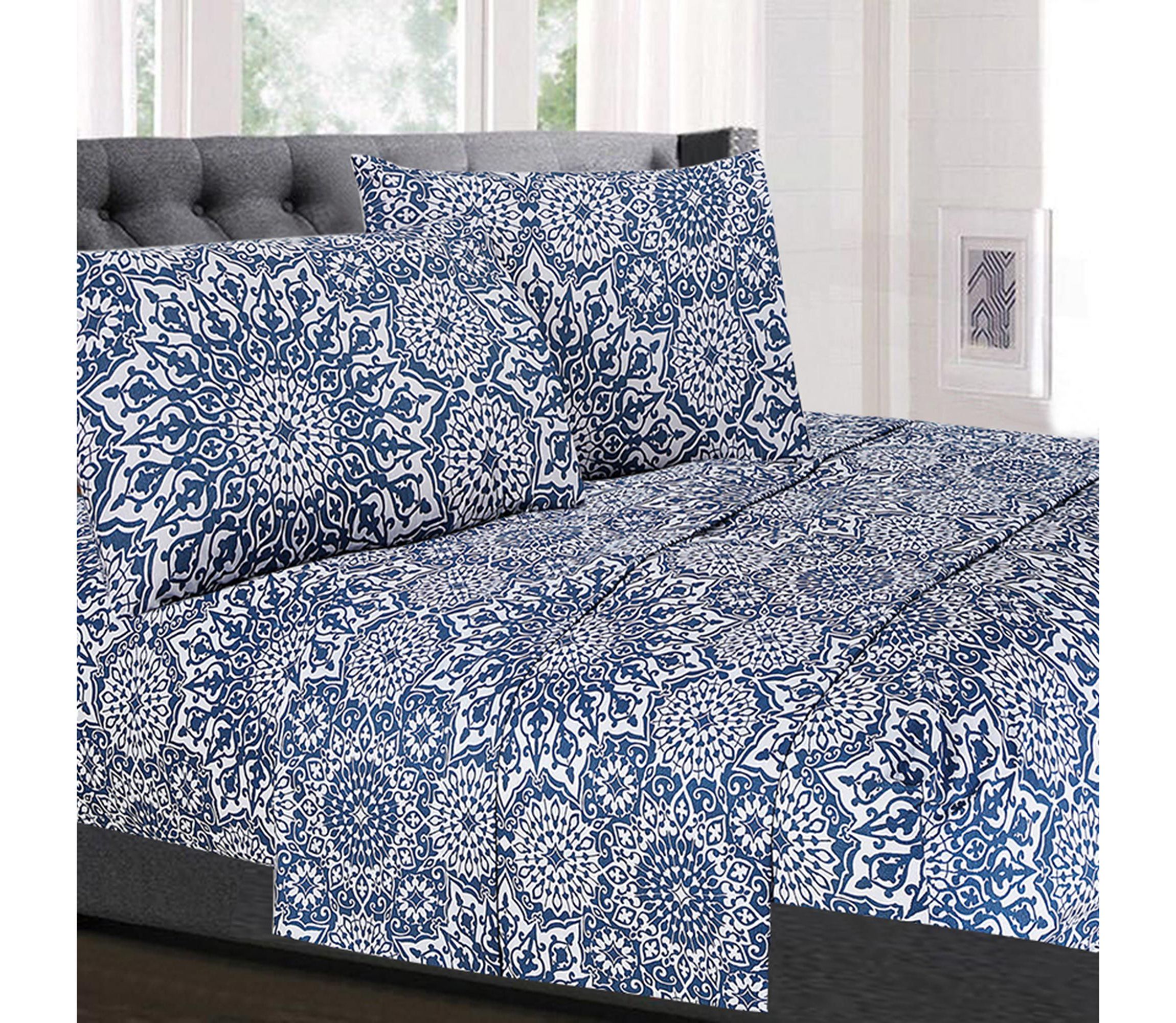 Oasis Blue Mandala Printed 4-Piece Microfiber Sheet Set