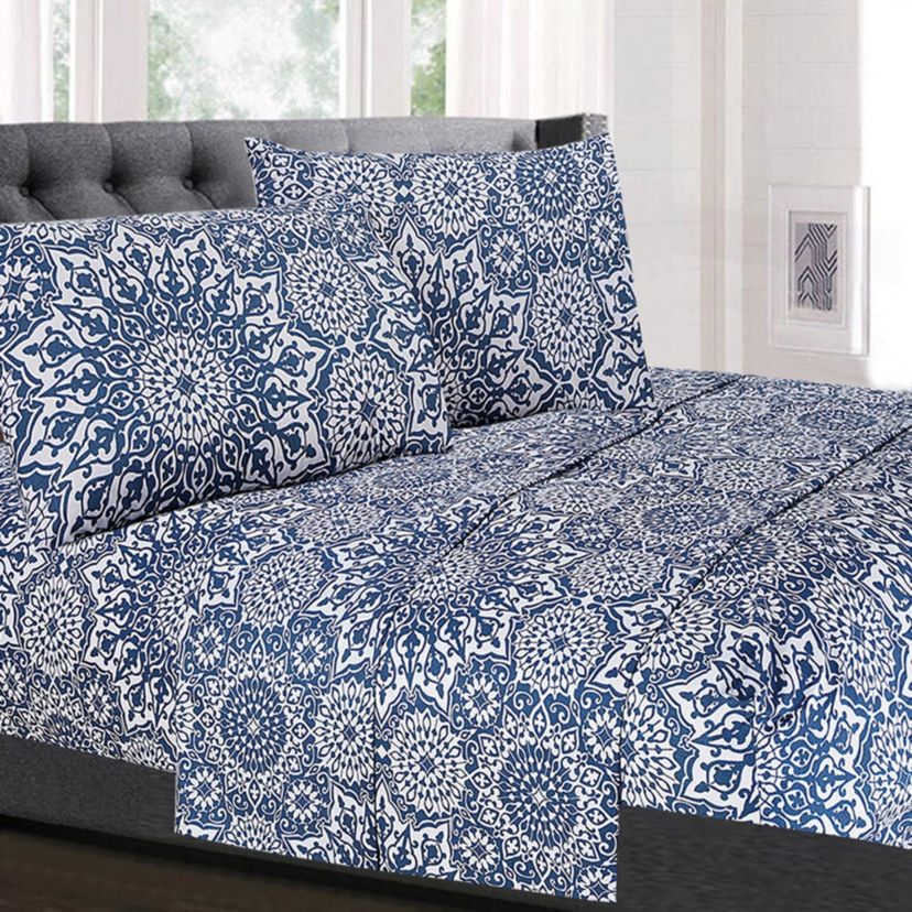 Oasis Blue Mandala Printed 4-Piece Microfiber Sheet Set