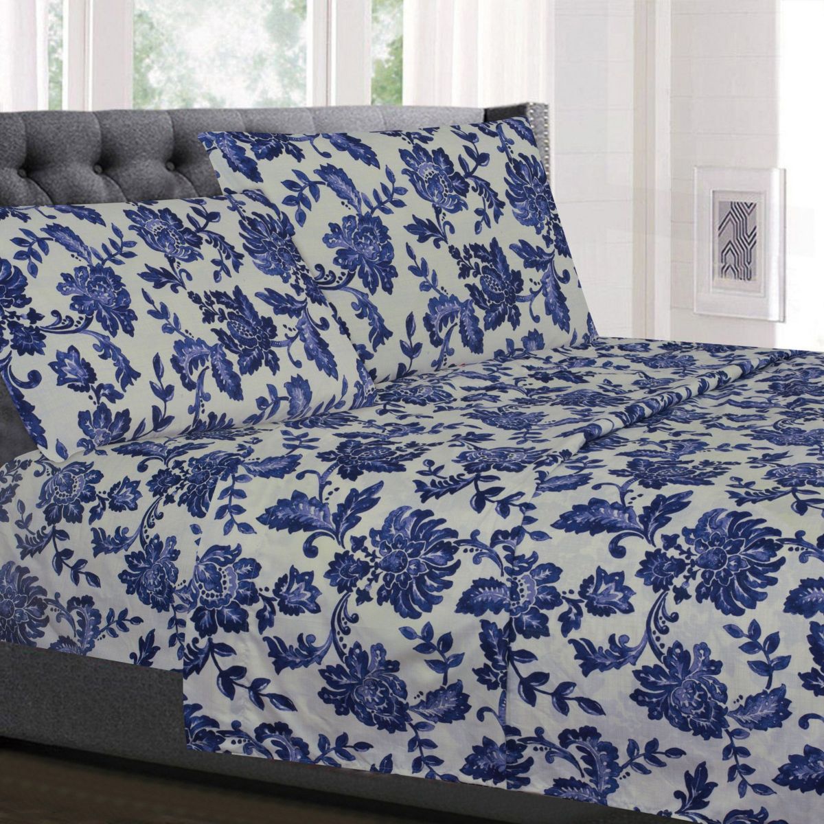 Tuscany Navy Floral Printed 4-Piece Microfiber Sheet Set