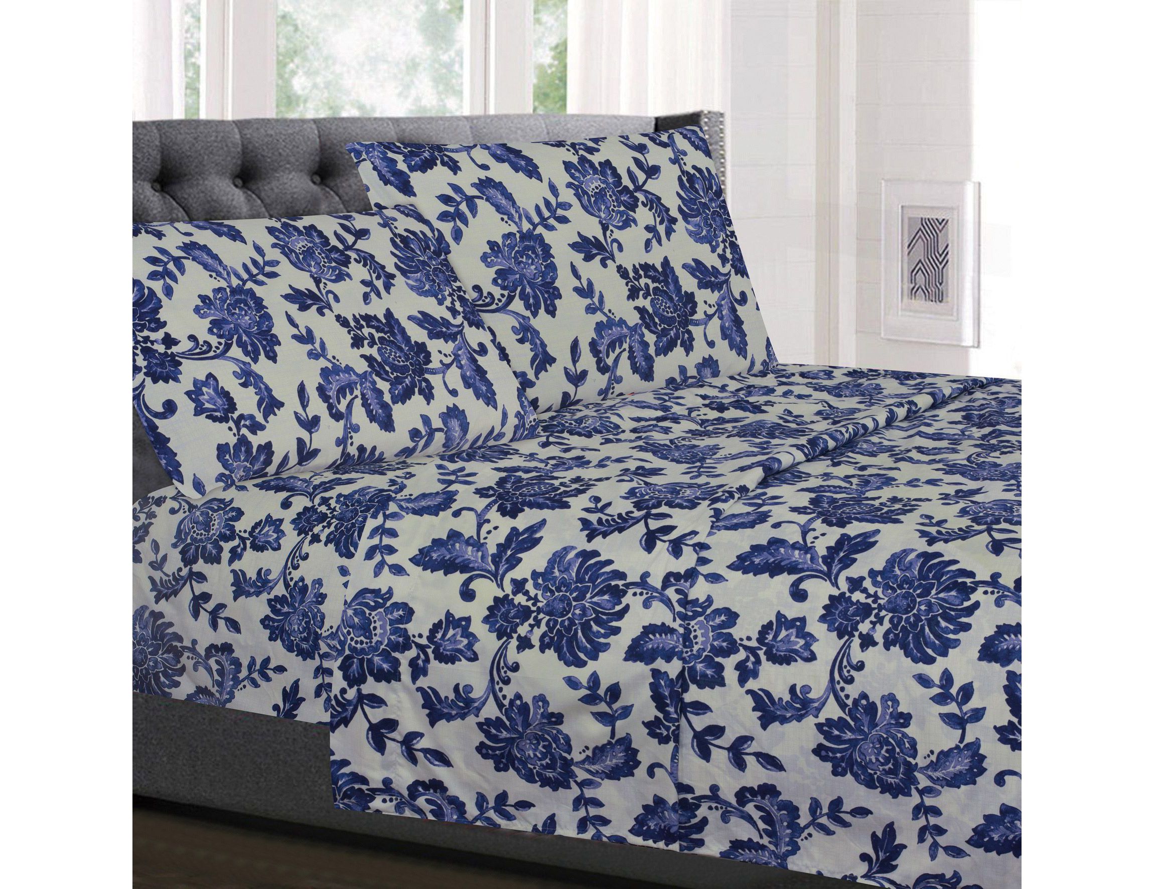 Tuscany Navy Floral Printed 4-Piece Microfiber Sheet Set