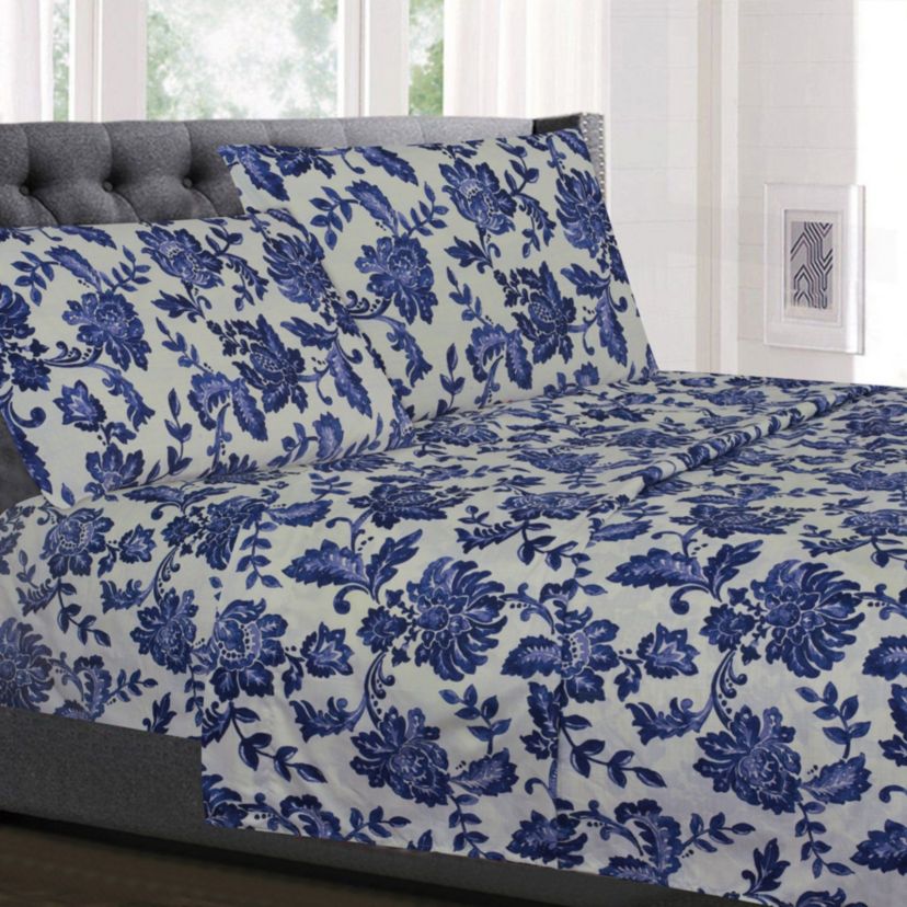 Tuscany Navy Floral Printed 4-Piece Microfiber Sheet Set