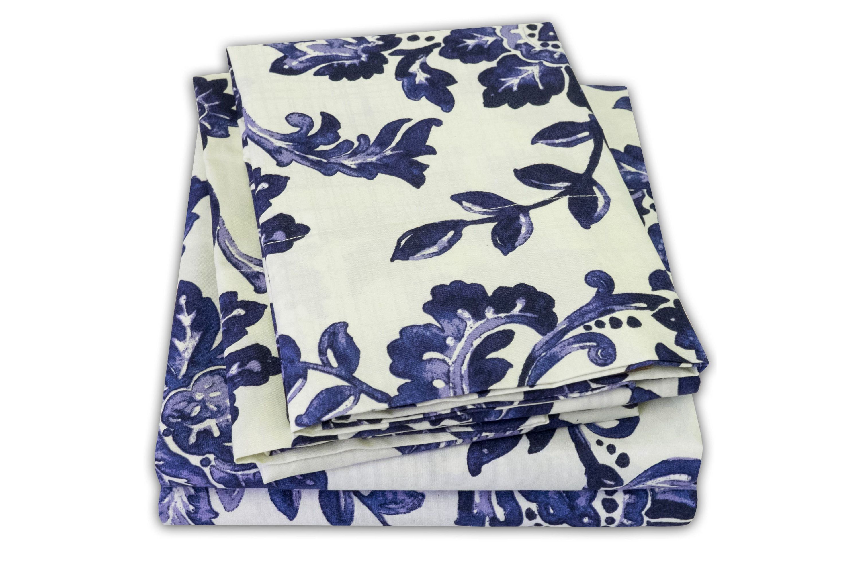 Tuscany Navy Floral Printed 4-Piece Microfiber Sheet Set