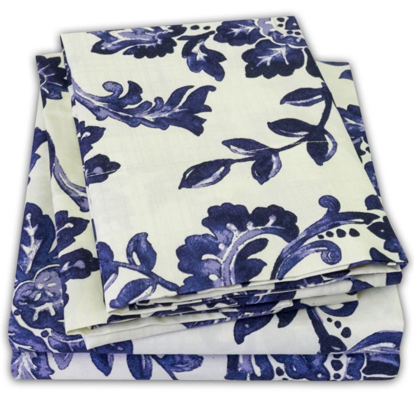Tuscany Navy Floral Printed 4-Piece Microfiber Sheet Set