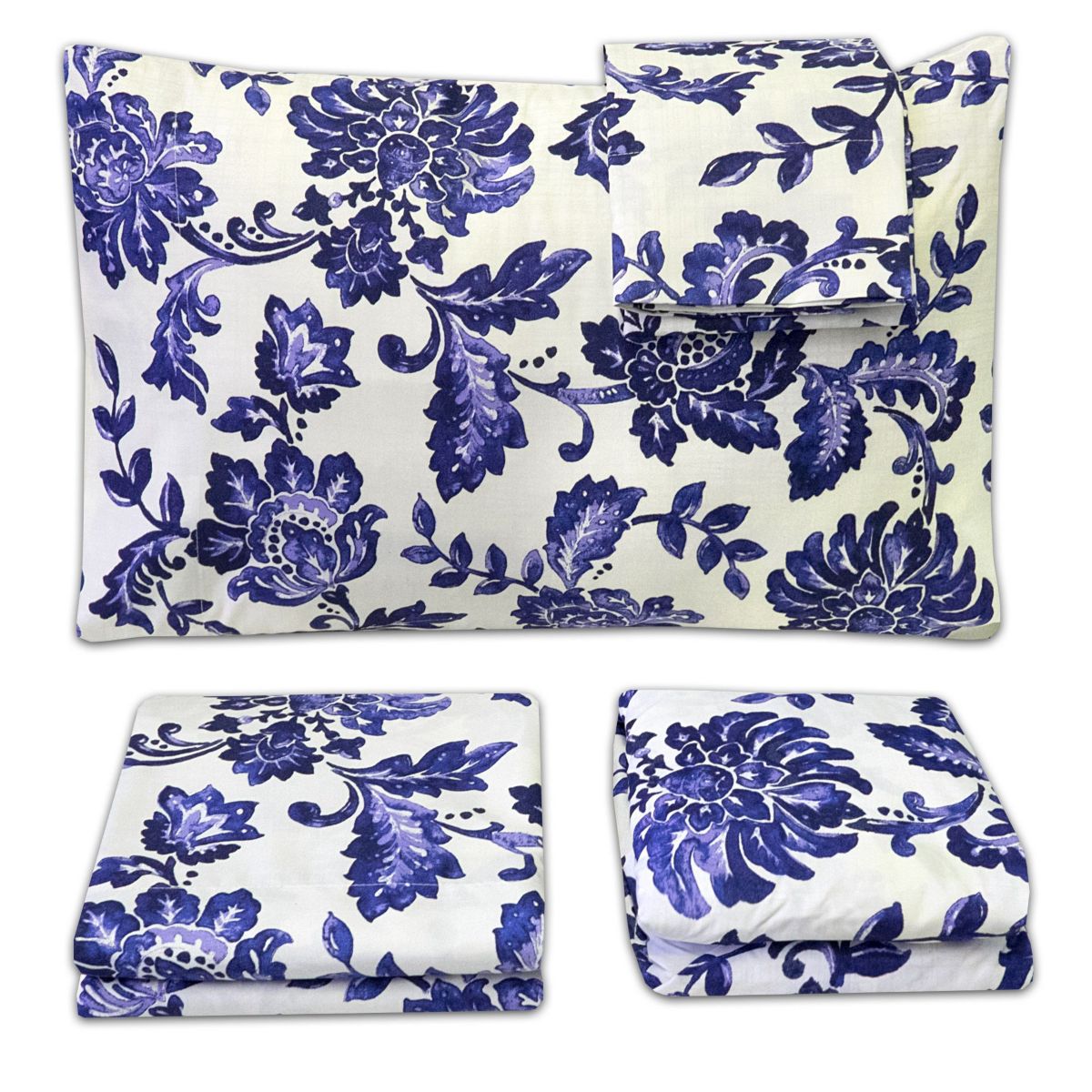 Tuscany Navy Floral Printed 4-Piece Microfiber Sheet Set