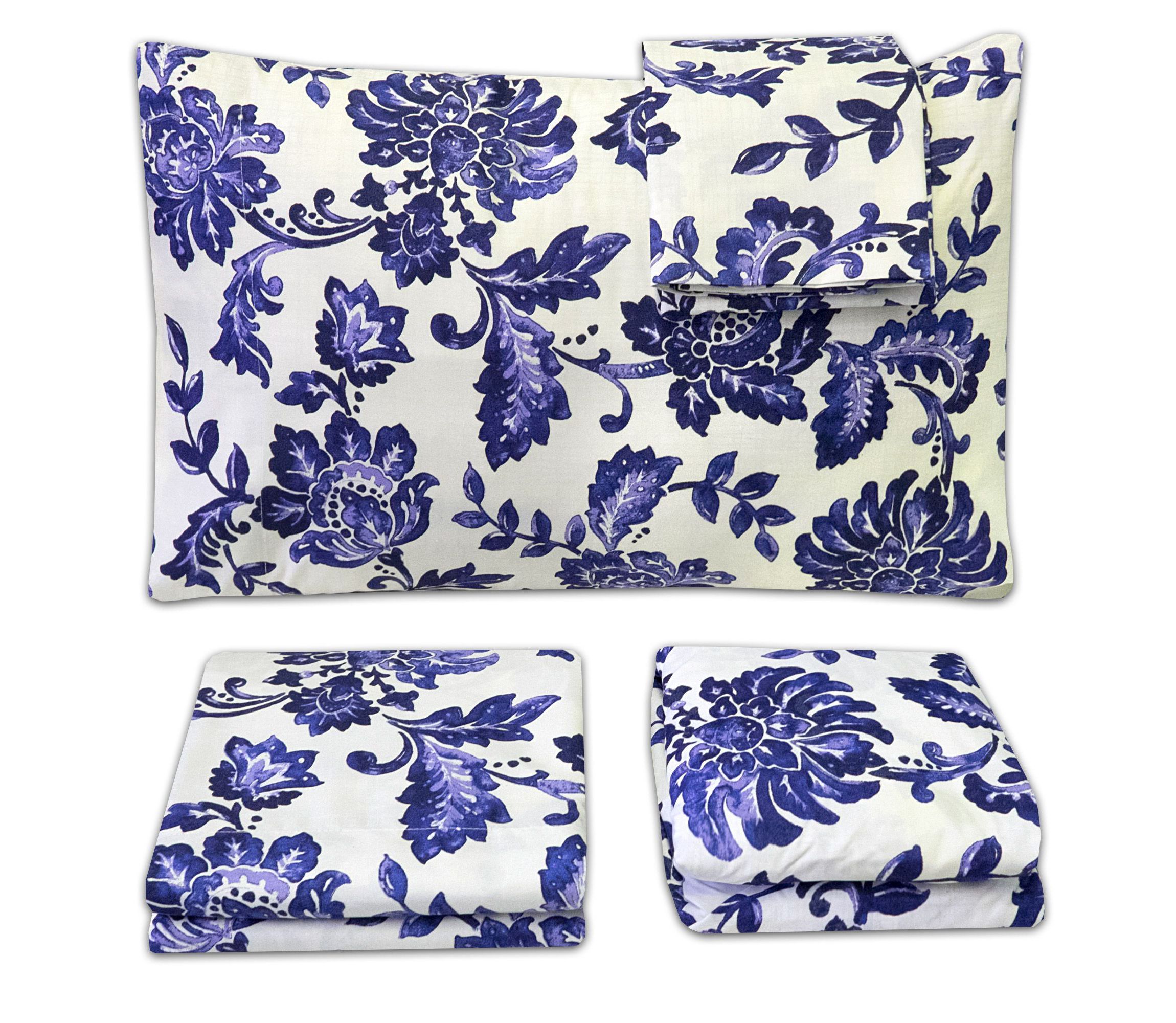 Tuscany Navy Floral Printed 4-Piece Microfiber Sheet Set
