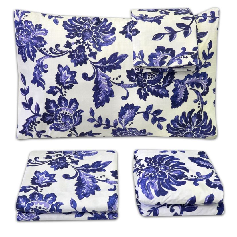 Tuscany Navy Floral Printed 4-Piece Microfiber Sheet Set