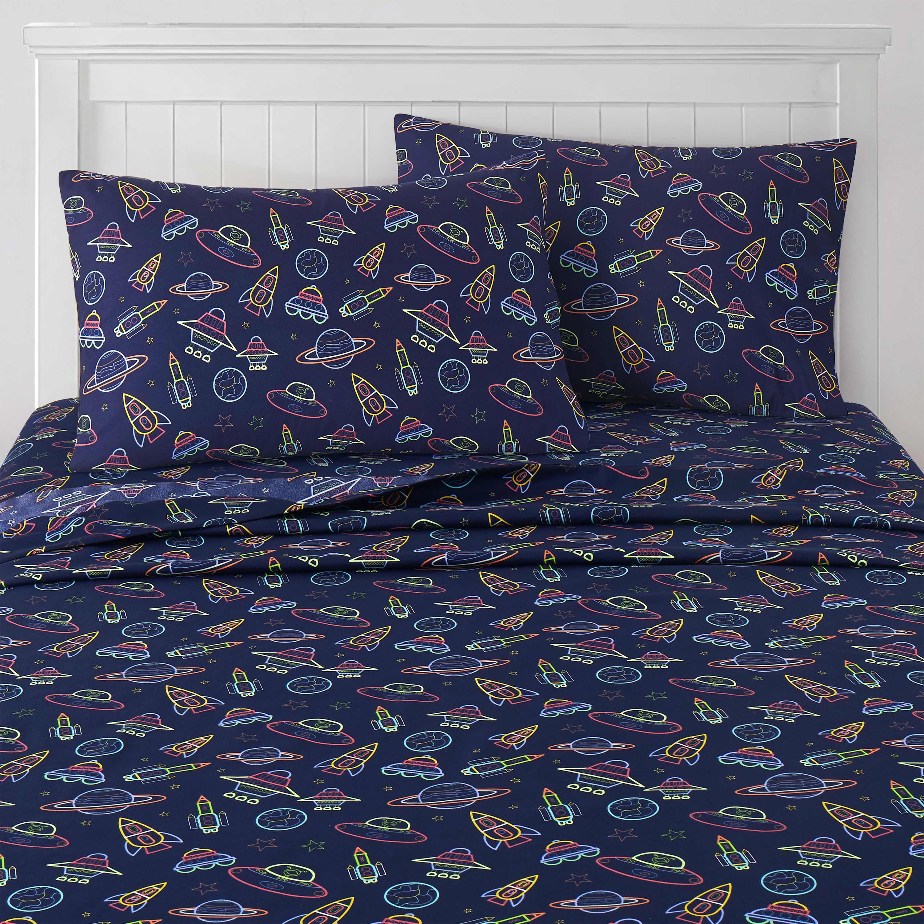 Neon Space Ships Kids Microfiber Sheet Set