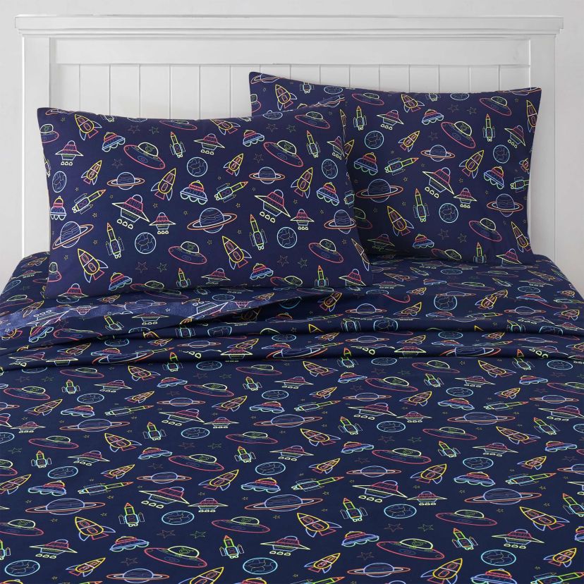 Neon Space Ships Kids Microfiber Sheet Set