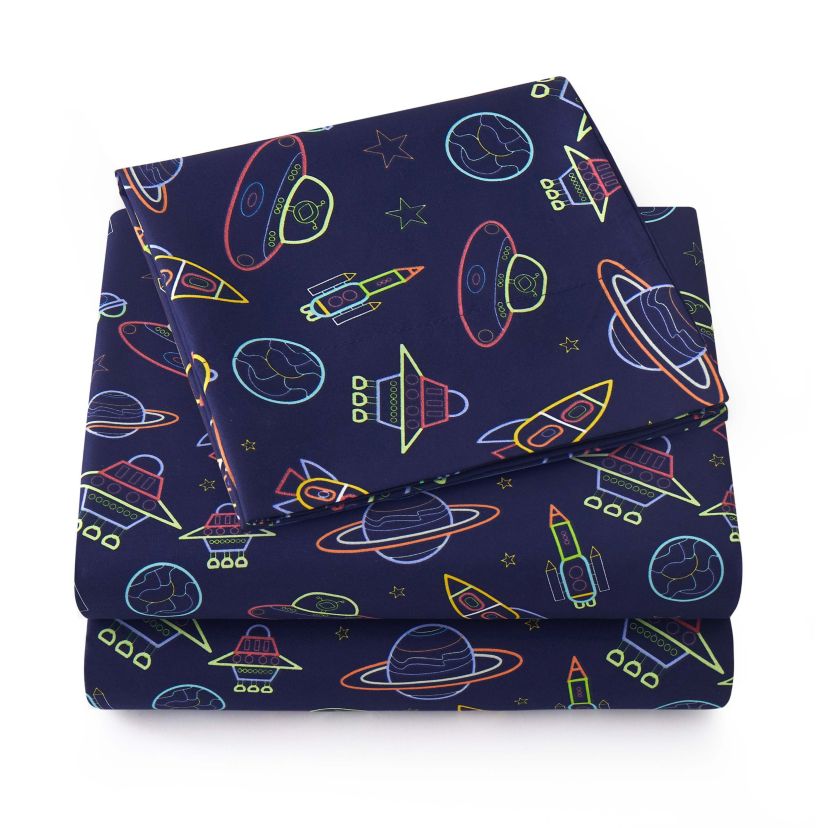 Neon Space Ships Kids Microfiber Sheet Set