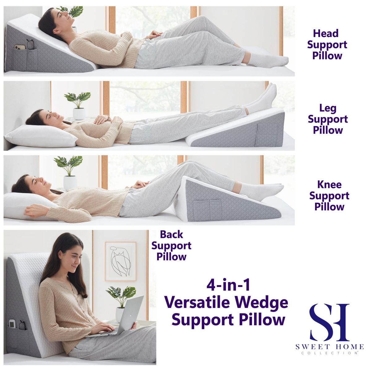 Memory Foam Bed Wedge Pillow with Pockets