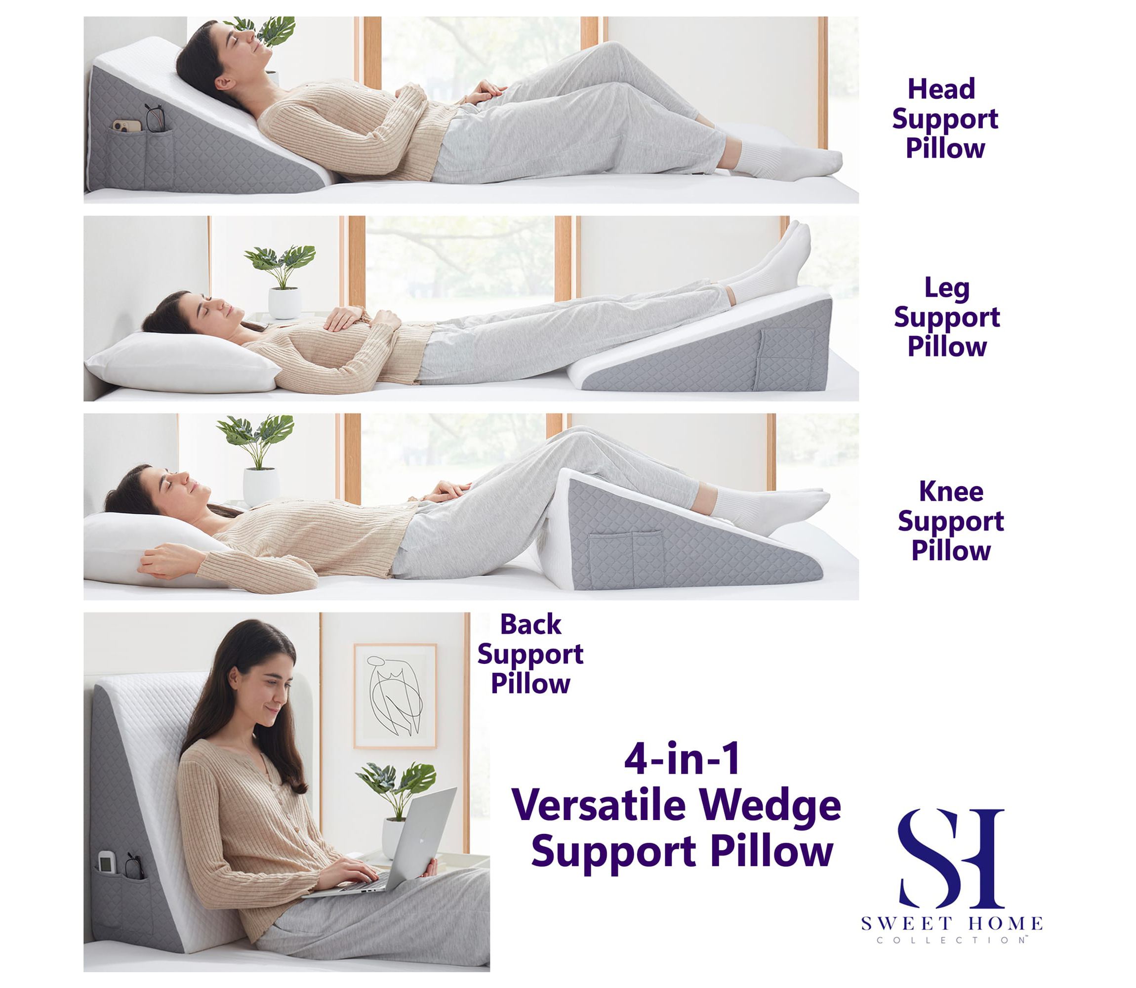 Memory Foam Bed Wedge Pillow with Pockets