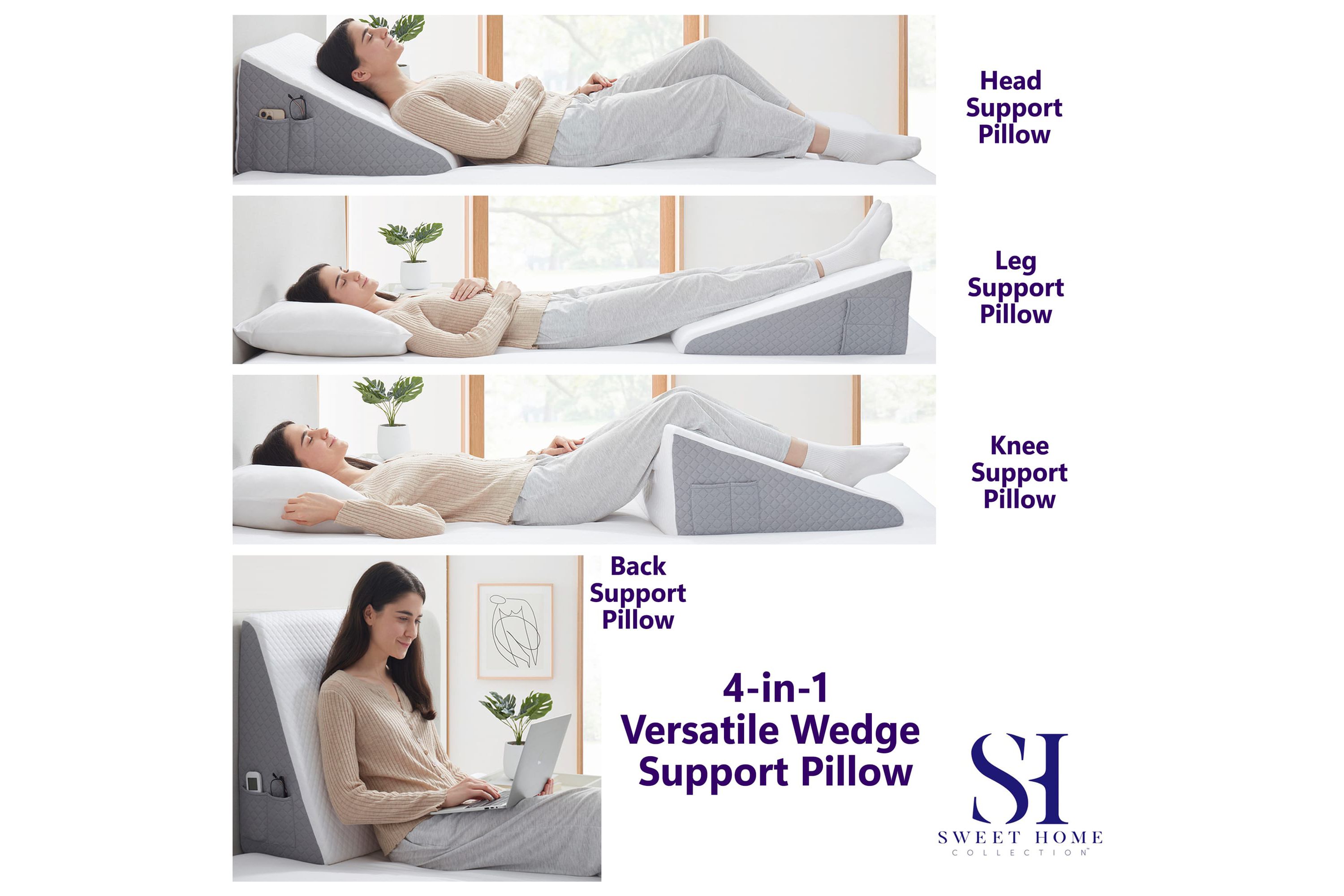 Memory Foam Bed Wedge Pillow with Pockets