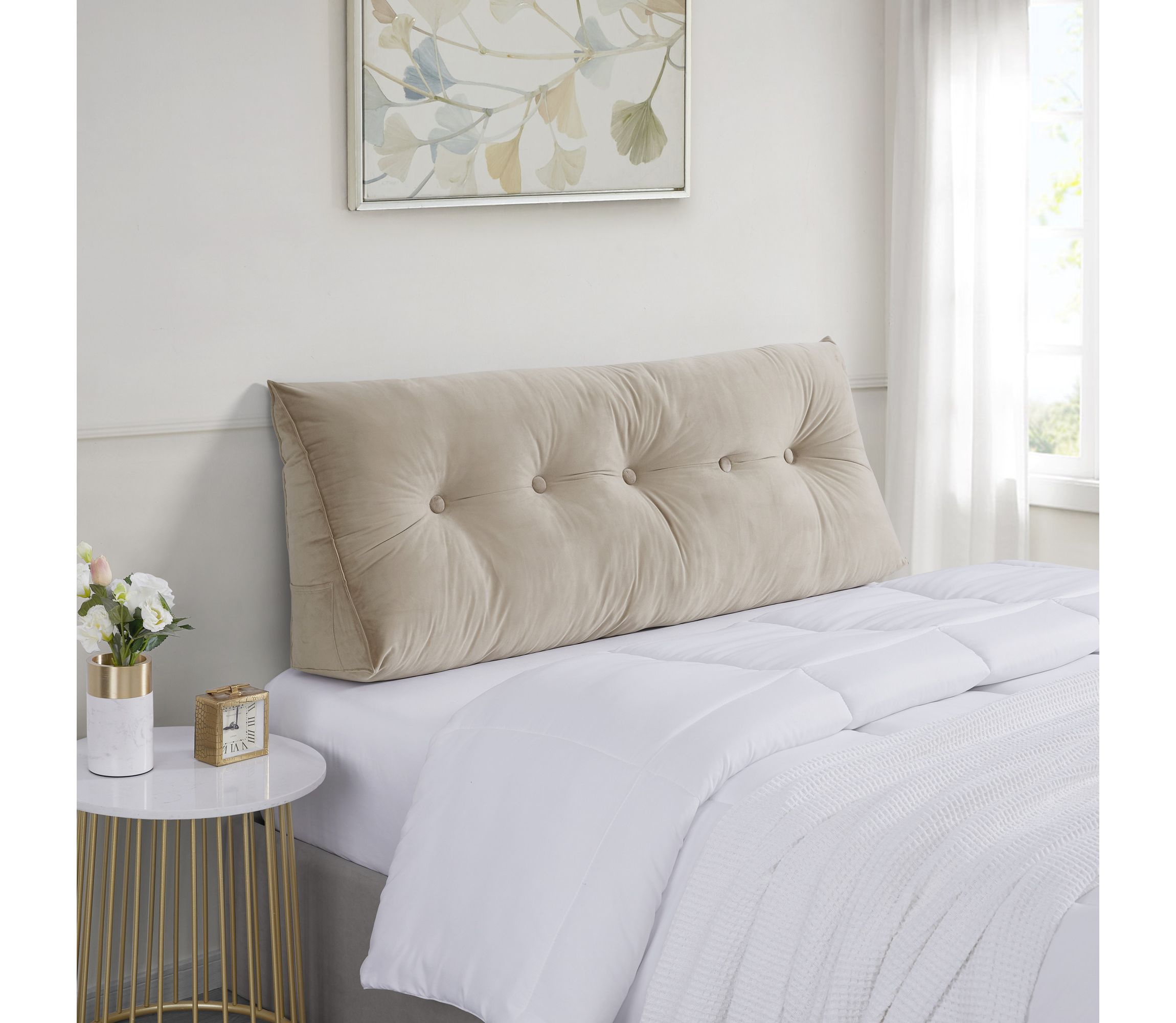 Triangle Headboard Wedge Bed Velvet Cushion with Side Pockets