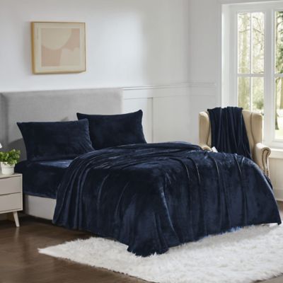 Sweet Home Collection Ultra Soft Microplush Solid Fleece Sheet Set, Navy Blue, Queen