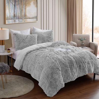 Sweet Home Collection Long Plush Shaggy Faux Fur 3 Piece Comforter Set, Silver, Queen