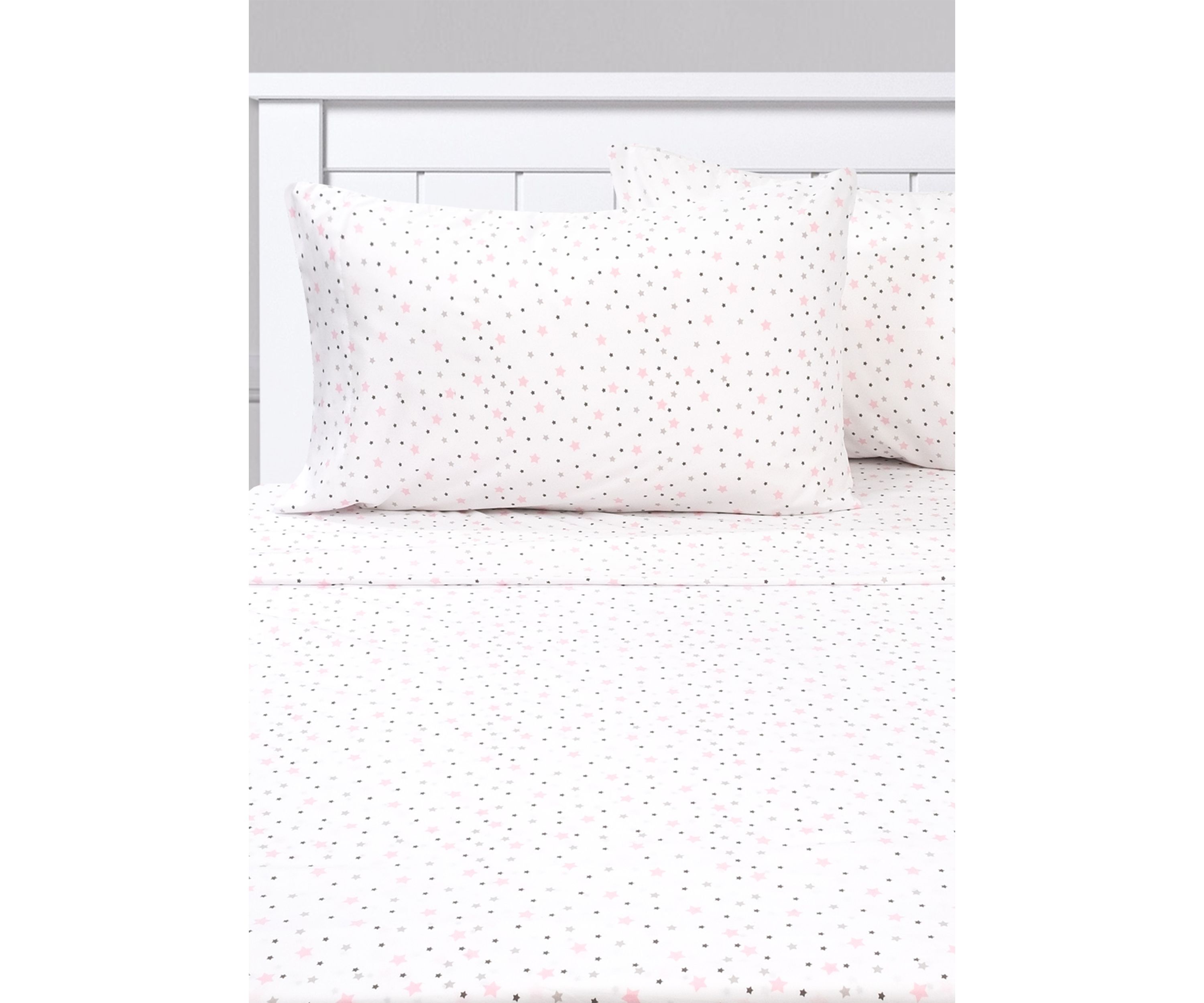 Stars Kids Sheet Set White With Pink, Gray, Black