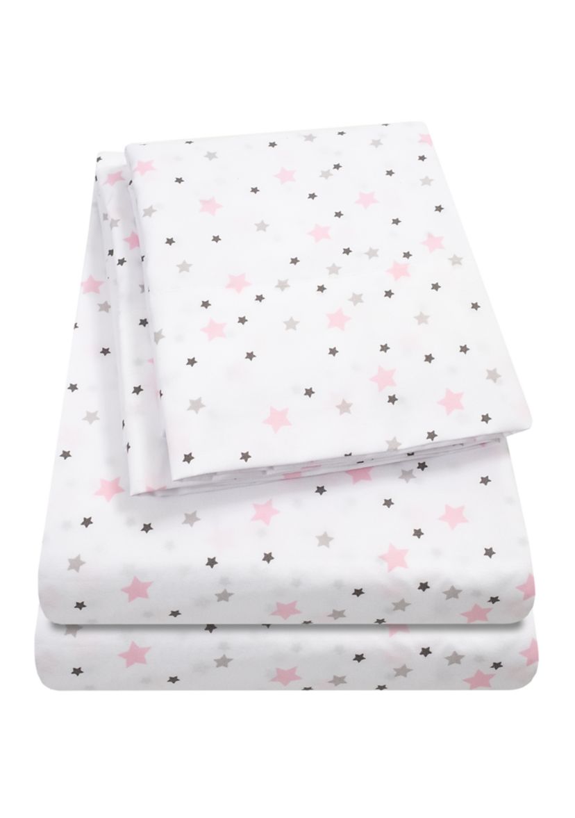 Stars Kids Sheet Set White With Pink, Gray, Black