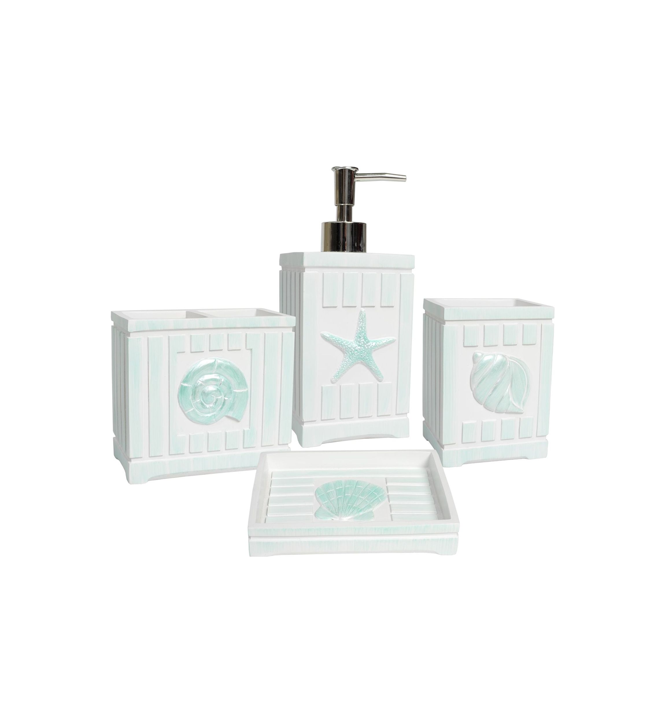 Beach Shells Poly Resin Bath Accessory Collection 4 Piece Bathroom Set
