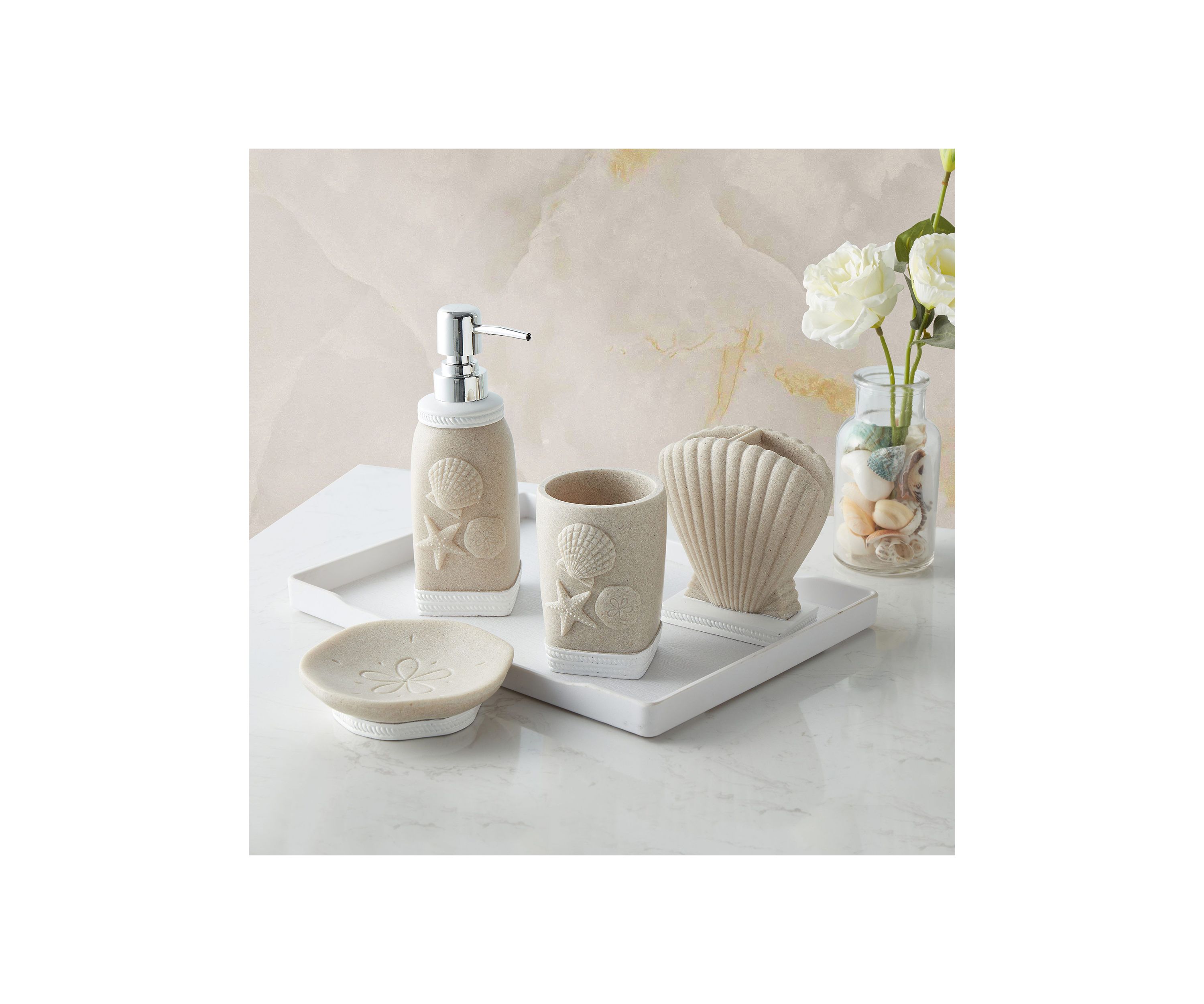 Coastal Shell Bath Accessory Collection 4 Piece Bathroom Set