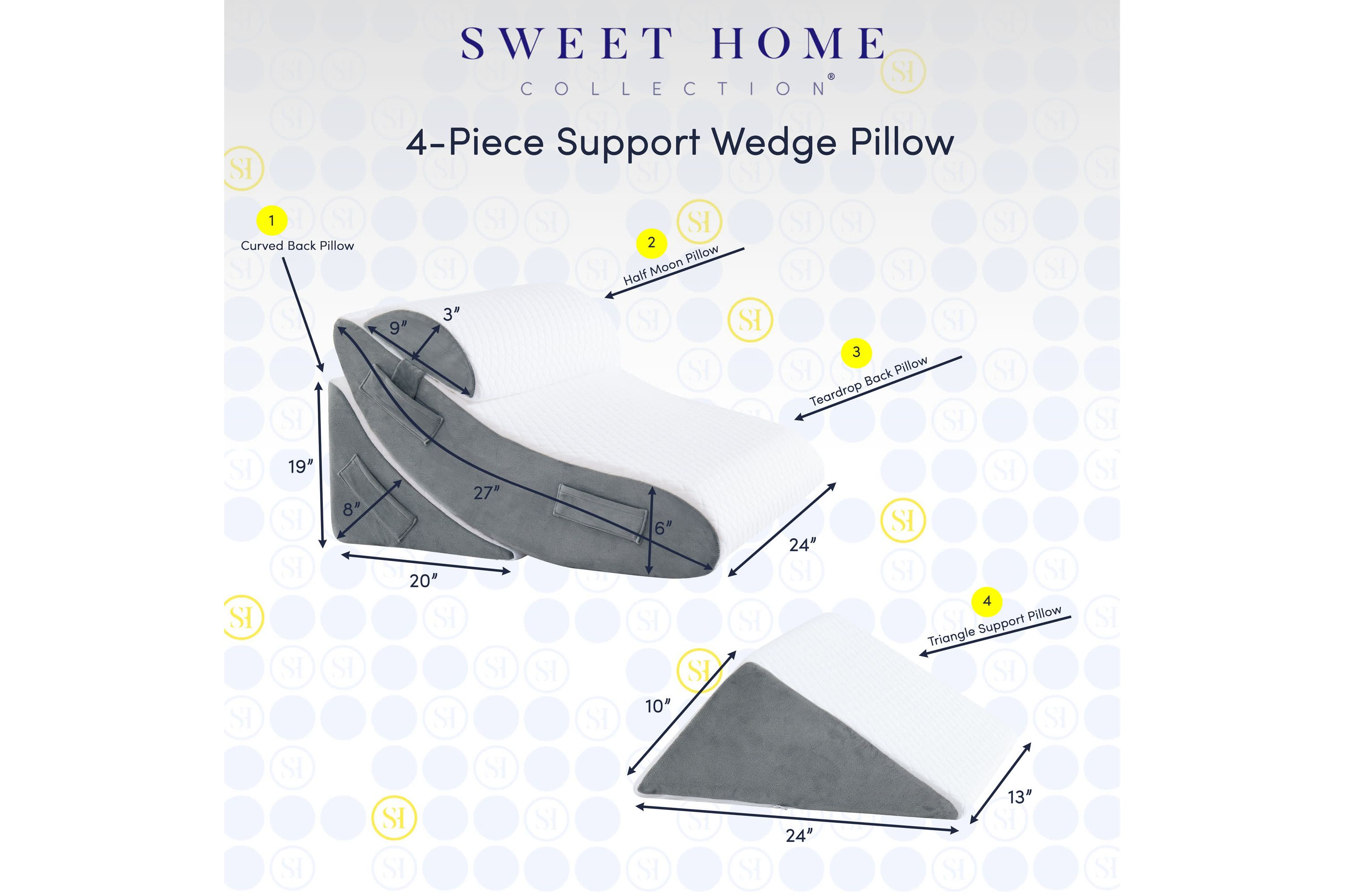 Sweet Home Collection 4 Piece Bed Wedge Pillow Set 27" x 24" x 6"