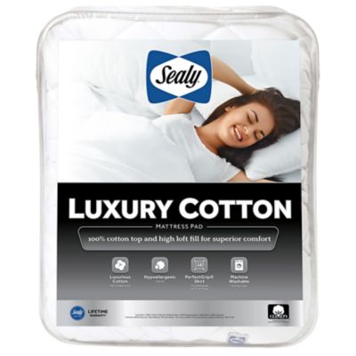 Sealy Luxury 100% Cotton Soft Top Layer, High Loft Comfort Fitted Mattress Pad, White, King