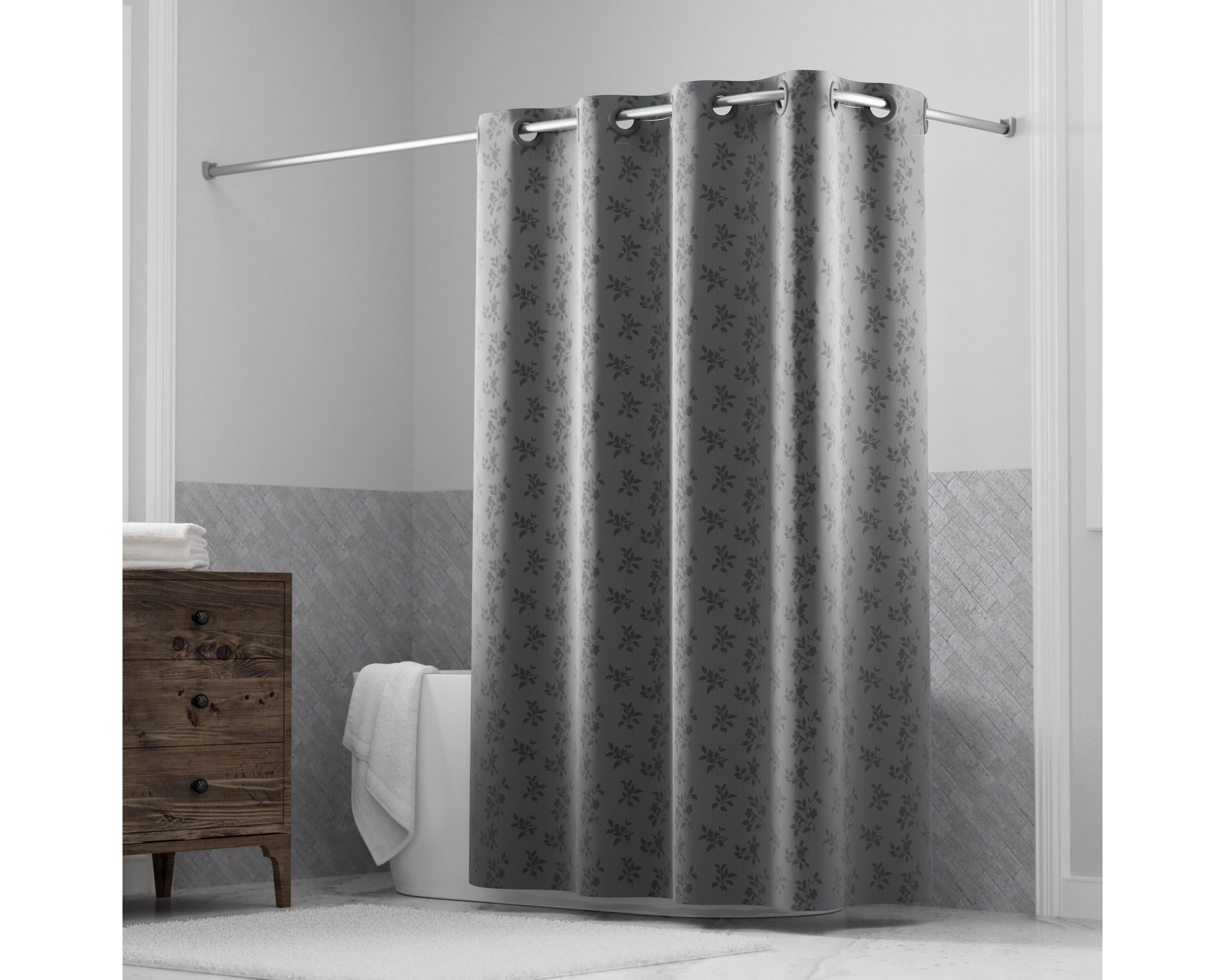 Hookless Jacquard Shower Curtain with Flex-on Rings and Its a Snap! Fabric Liner with Magnets, 71 In Wide x 74 In Long, Botanical Leaves Print, Gray