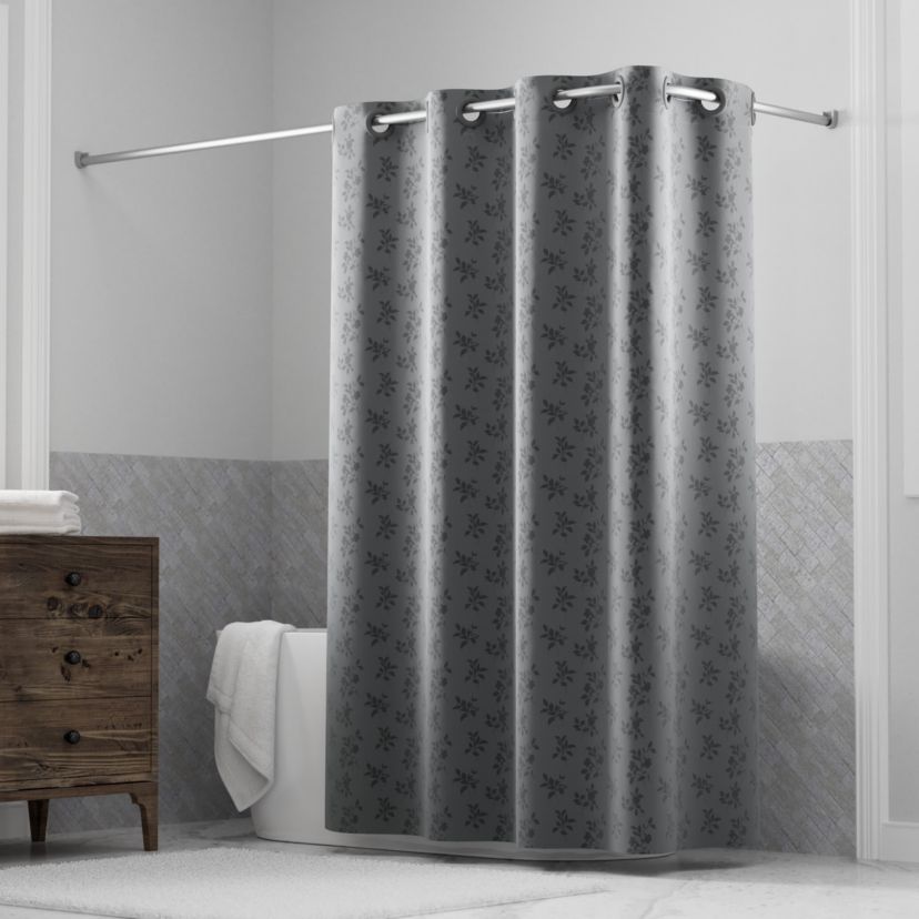 Hookless Jacquard Shower Curtain with Flex-on Rings and Its a Snap! Fabric Liner with Magnets, 71 In Wide x 74 In Long, Botanical Leaves Print, Gray