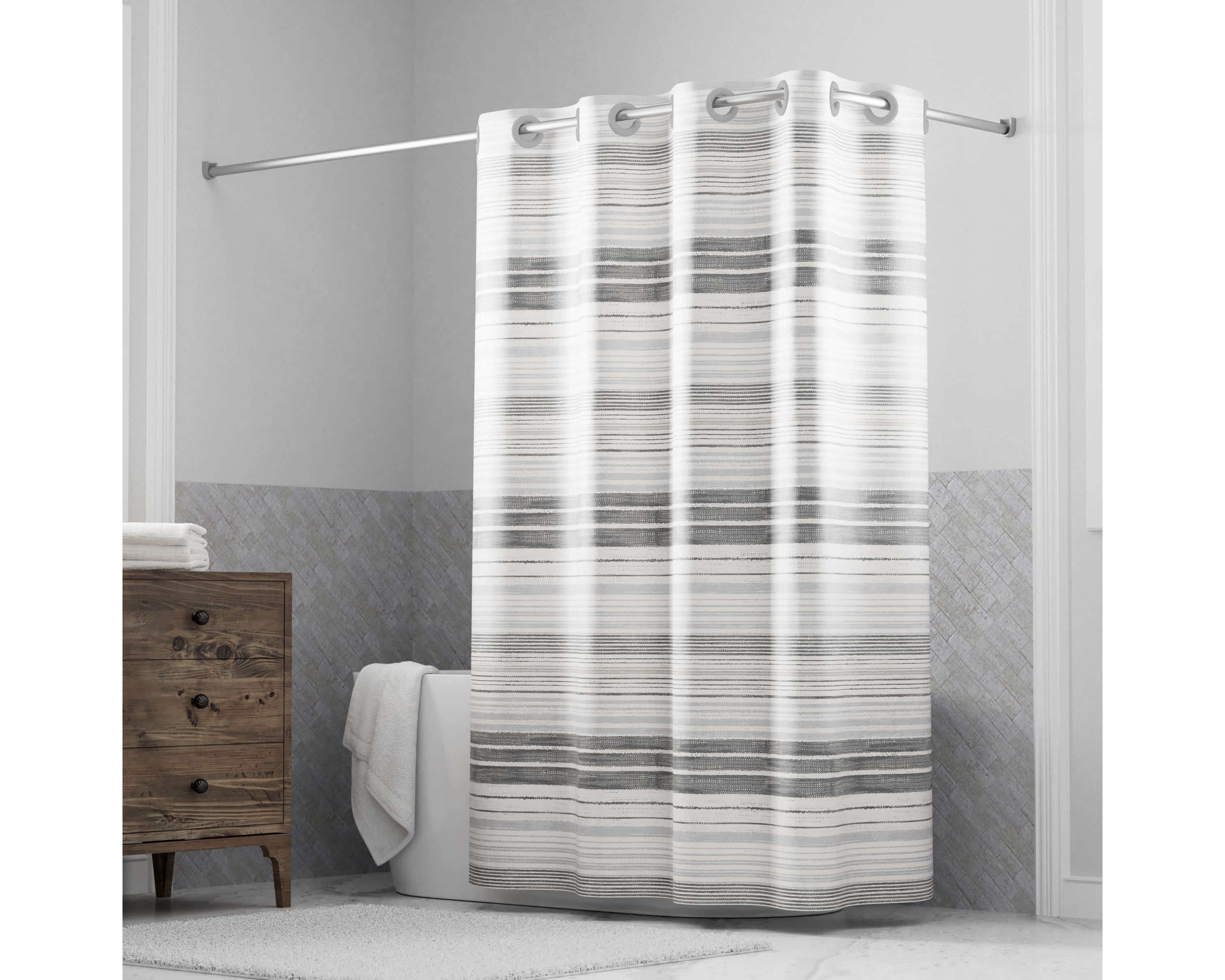 Hookless Faux Silk Shower Curtain with Flex-on Rings and Its a Snap! Fabric Liner with Magnets