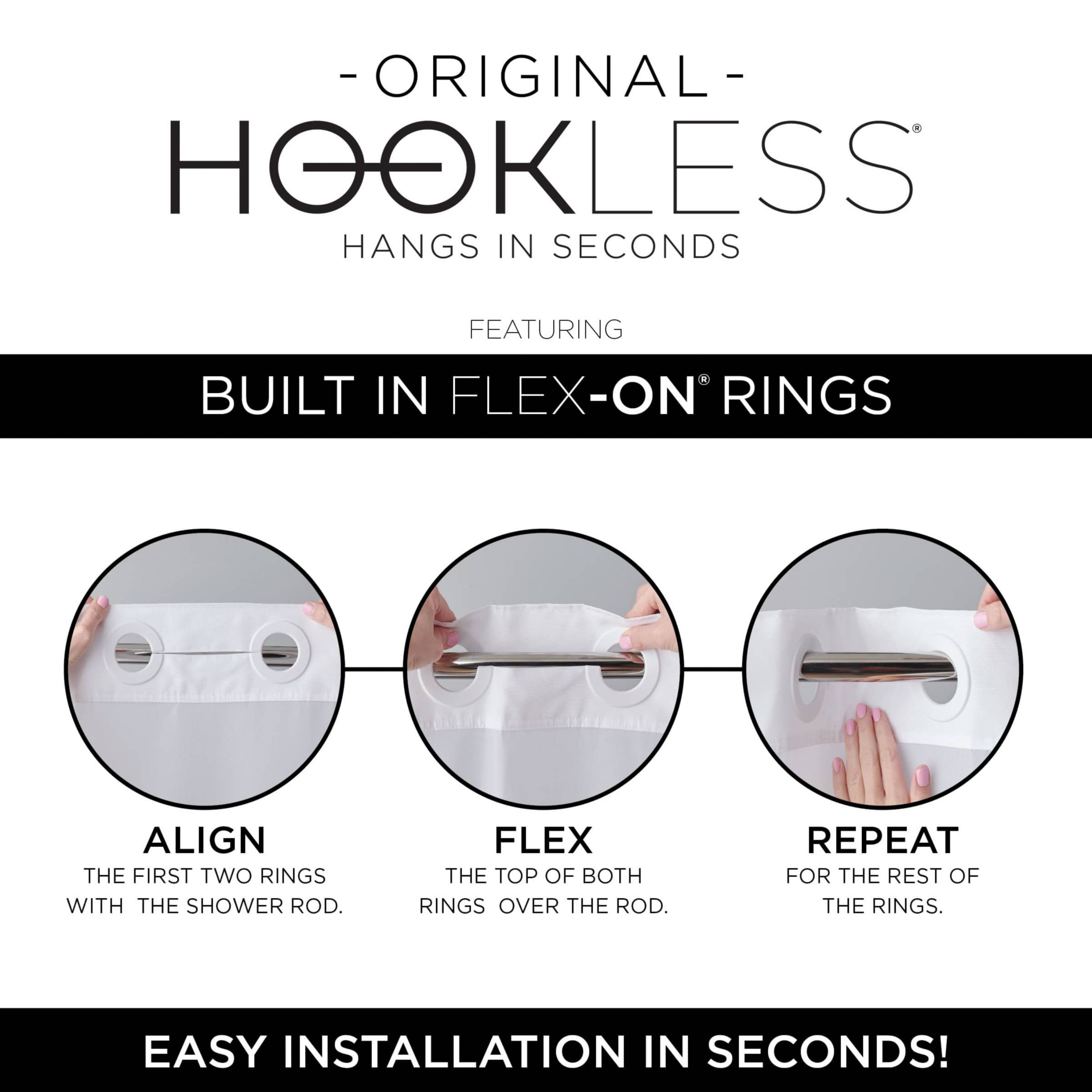 Hookless Faux Silk Shower Curtain with Flex-on Rings and Its a Snap! Fabric Liner with Magnets