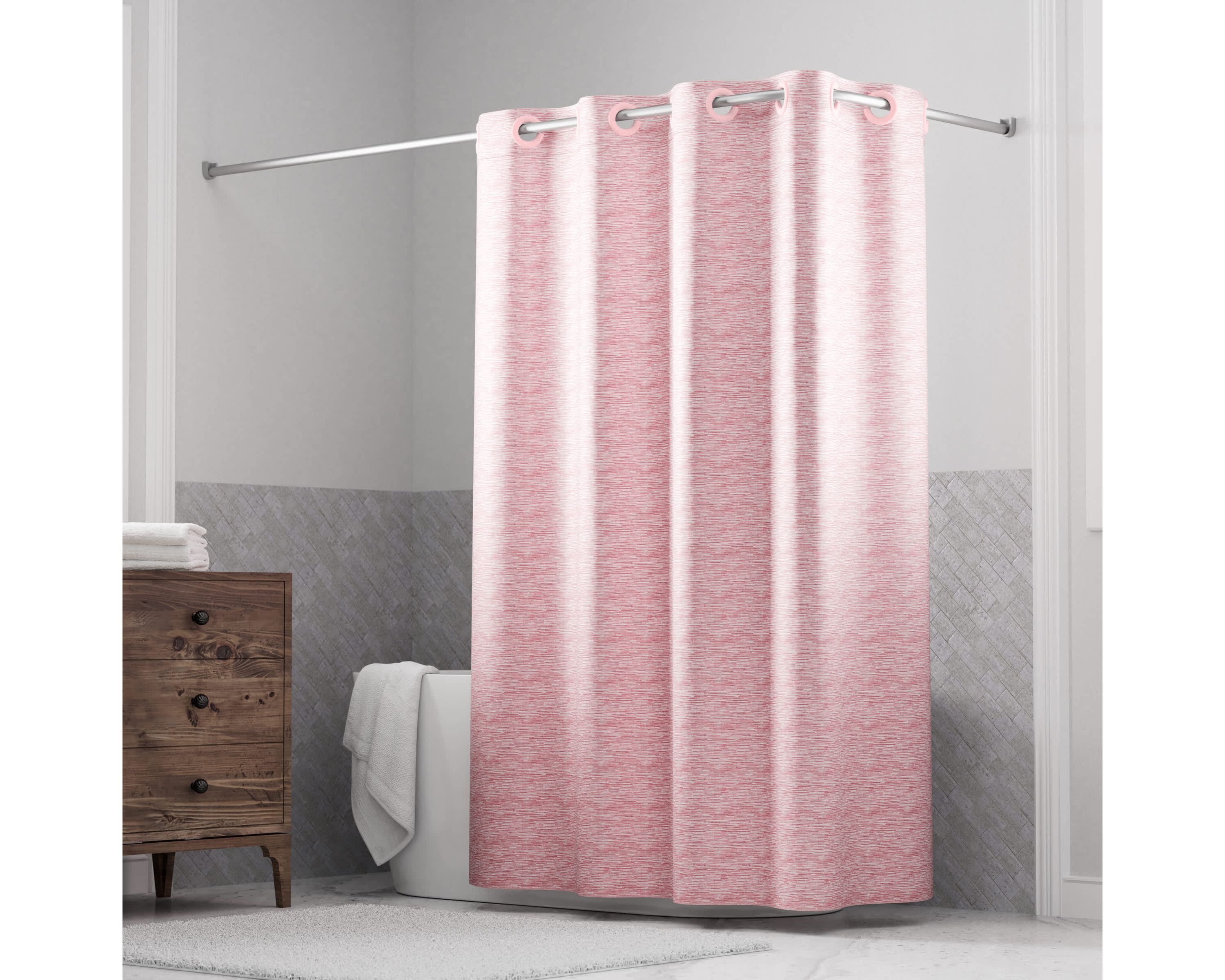 Hookless Faux Silk Shower Curtain with Flex-on Rings and Its a Snap! Fabric Liner with Magnets, 71 In Wide x 74 In Long, Heathered Texture, Pink