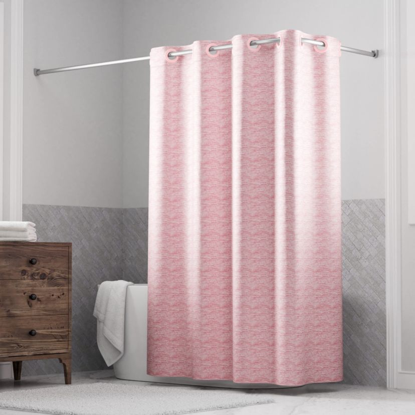 Hookless Faux Silk Shower Curtain with Flex-on Rings and Its a Snap! Fabric Liner with Magnets, 71 In Wide x 74 In Long, Heathered Texture, Pink