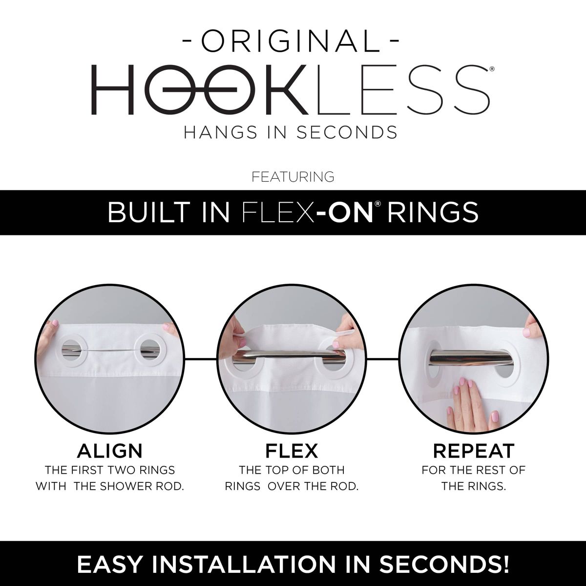 Hookless Faux Silk Shower Curtain with Flex-on Rings and Its a Snap! Fabric Liner with Magnets