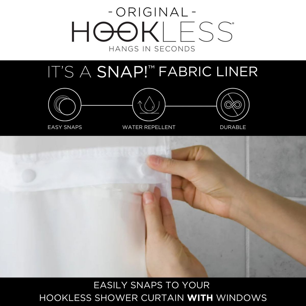 Hookless Faux Silk Shower Curtain with Flex-on Rings and Its a Snap! Fabric Liner with Magnets