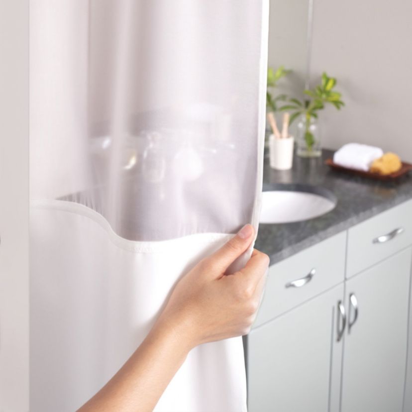 Hookless Faux Silk Shower Curtain with Flex-on Rings and Its a Snap! Fabric Liner with Magnets