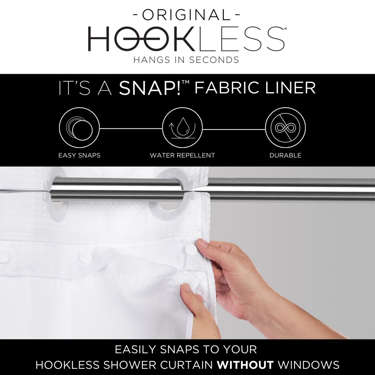 Hookless Its A Snap Shower Curtain Replacement Liner, Fabric Shower Curtain Liner with Magnets, Hookless Curtain with No Sheer Window