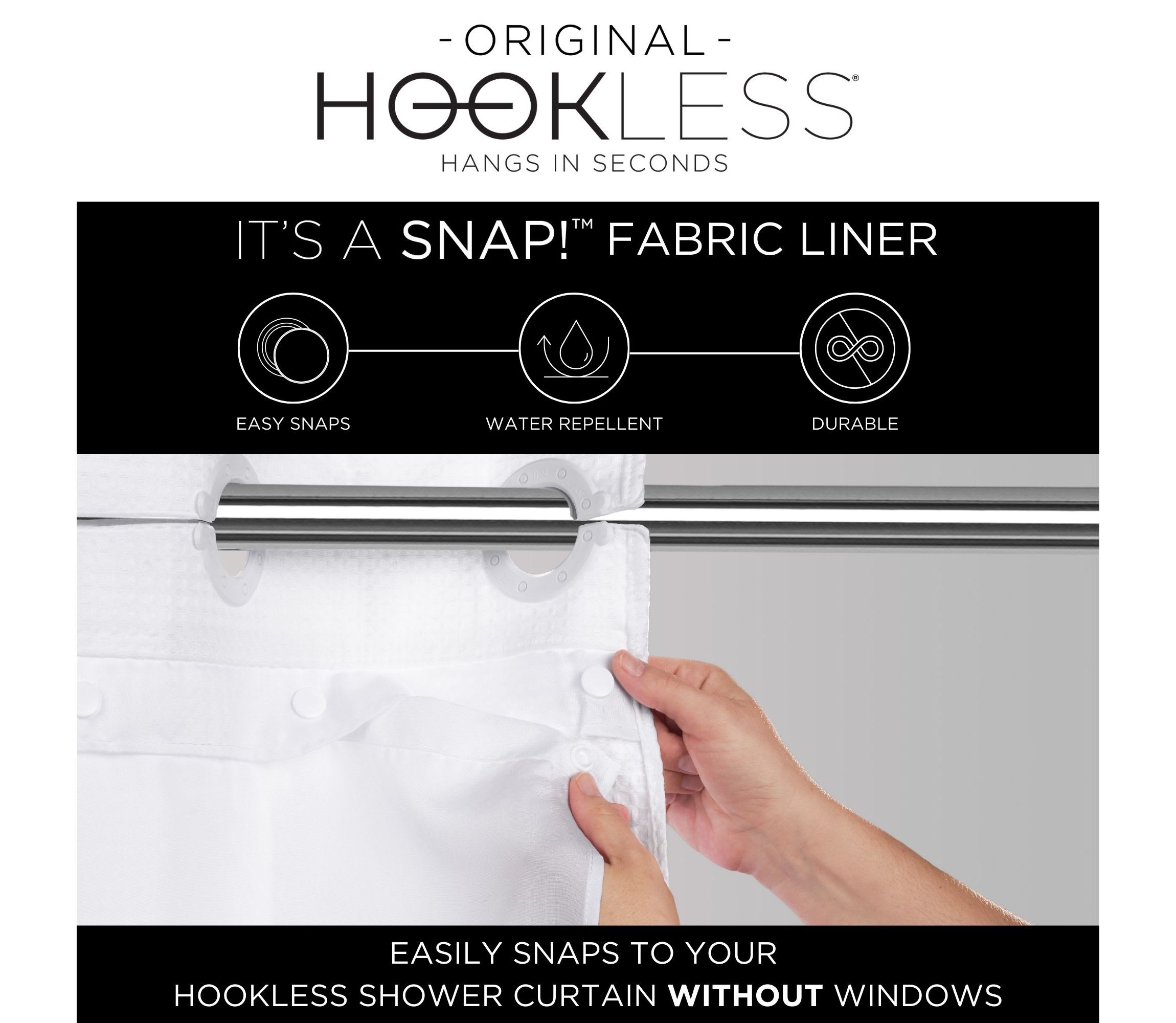 Hookless Its A Snap Shower Curtain Replacement Liner, Fabric Shower Curtain Liner with Magnets, Hookless Curtain with No Sheer Window